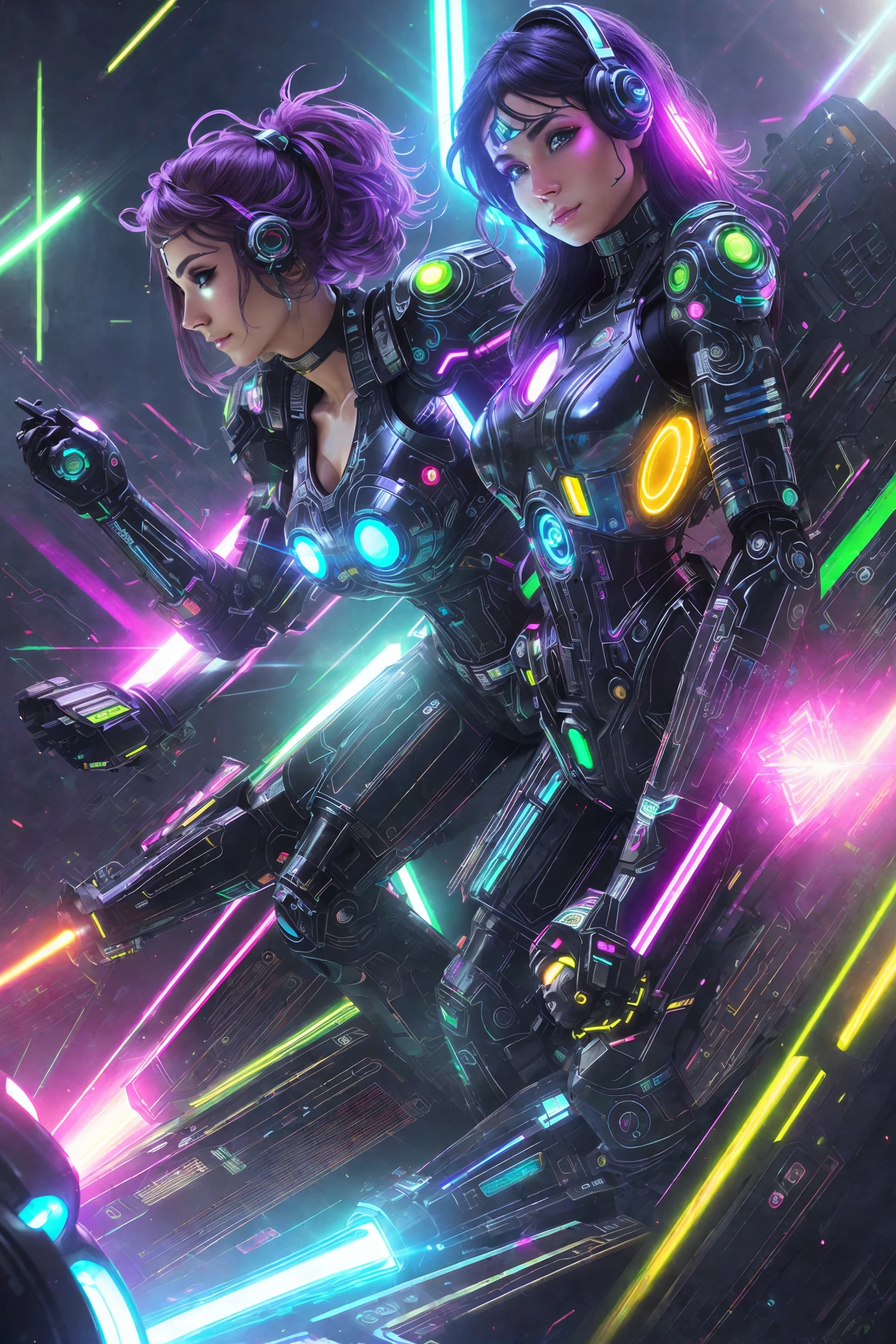 sexy cyborg DJ women, festival, futuristic, lasers, neon, hyperdetailed, by john blanche, pop comic, happy, catastanna20, film photography, breathtaking, rim lighting, subsurface scattering, specular lighting, cinematic lighting, flat colors, artstation, sci-fi, painting, (8k uhd:1.1), (cgsociety:1.1)