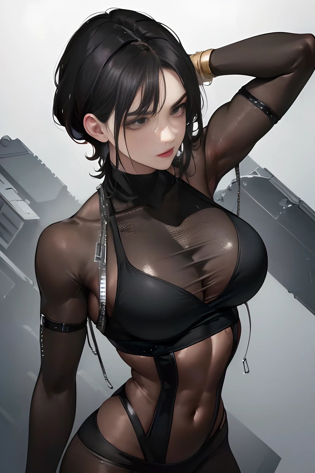 (highest resolution, distinct_image) Best quality, a man's masterpiece, highly detailed, semi realistic, black short hair, black hair, bangs, 18 years old, mature, young, tall and strong, black tight fitting, black flight suit, spacecraft background, cold, serious, tall and handsome, authoritative, powerful, exquisite facial features, exquisite facial features
breast out, clothes lift, see-through underwear, see through tank,
((((correct limbs, correct hands)))), amazing body, pronounced feminine feature, busty,
curvy, big breast, juicy jug, visible, wide hips, bare shoulders and thighs, plump body, abs, muscular, belly button, sweat, skimpy dress, sexy lingerie, transparent lingerie, revealing bikini,
sweat, shower, muscular, workout, bodybuilder, fit babe,
8k wallpaper, masterpiece, absurdres, photorealistic, realistic, seductive pose,(cleavage),(bouncing breasts),