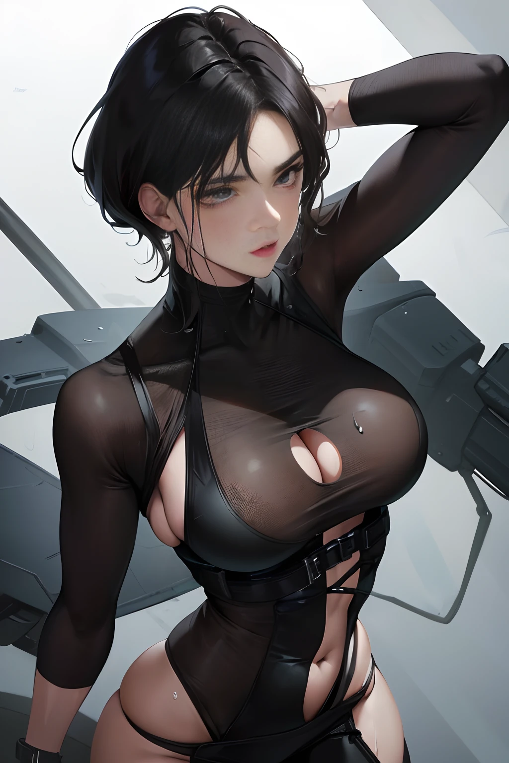 (highest resolution, distinct_image) Best quality, a man's masterpiece, highly detailed, semi realistic, black short hair, black hair, bangs, 18 years old, mature, young, tall and strong, black tight fitting, black flight suit, spacecraft background, cold, serious, tall and handsome, authoritative, powerful, exquisite facial features, exquisite facial features
breast out, clothes lift, see-through underwear, see through tank,
 amazing body, pronounced feminine feature, busty,
curvy, big breast, juicy jug, visible, wide hips, bare shoulders and thighs, plump body, abs, muscular, belly button, sweat, skimpy dress, sexy lingerie, transparent lingerie, revealing bikini, 
sweat, shower, muscular, workout, bodybuilder, fit babe,
8k wallpaper, masterpiece, absurdres, photorealistic, realistic, seductive pose,(cleavage),(bouncing breasts),