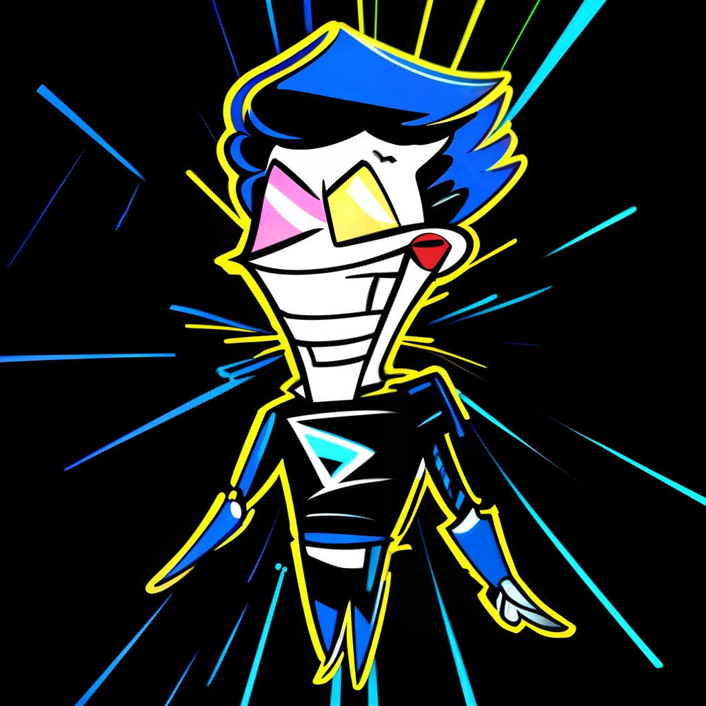 (best quality, extremely detailed, chibi), (spamton, black shirt, short hair), dynamic pose, blue background, vibrant colors.