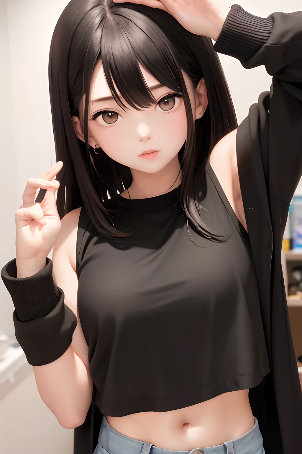 best quality, masterpiece,black hair, brown eyes, upper body in different poses