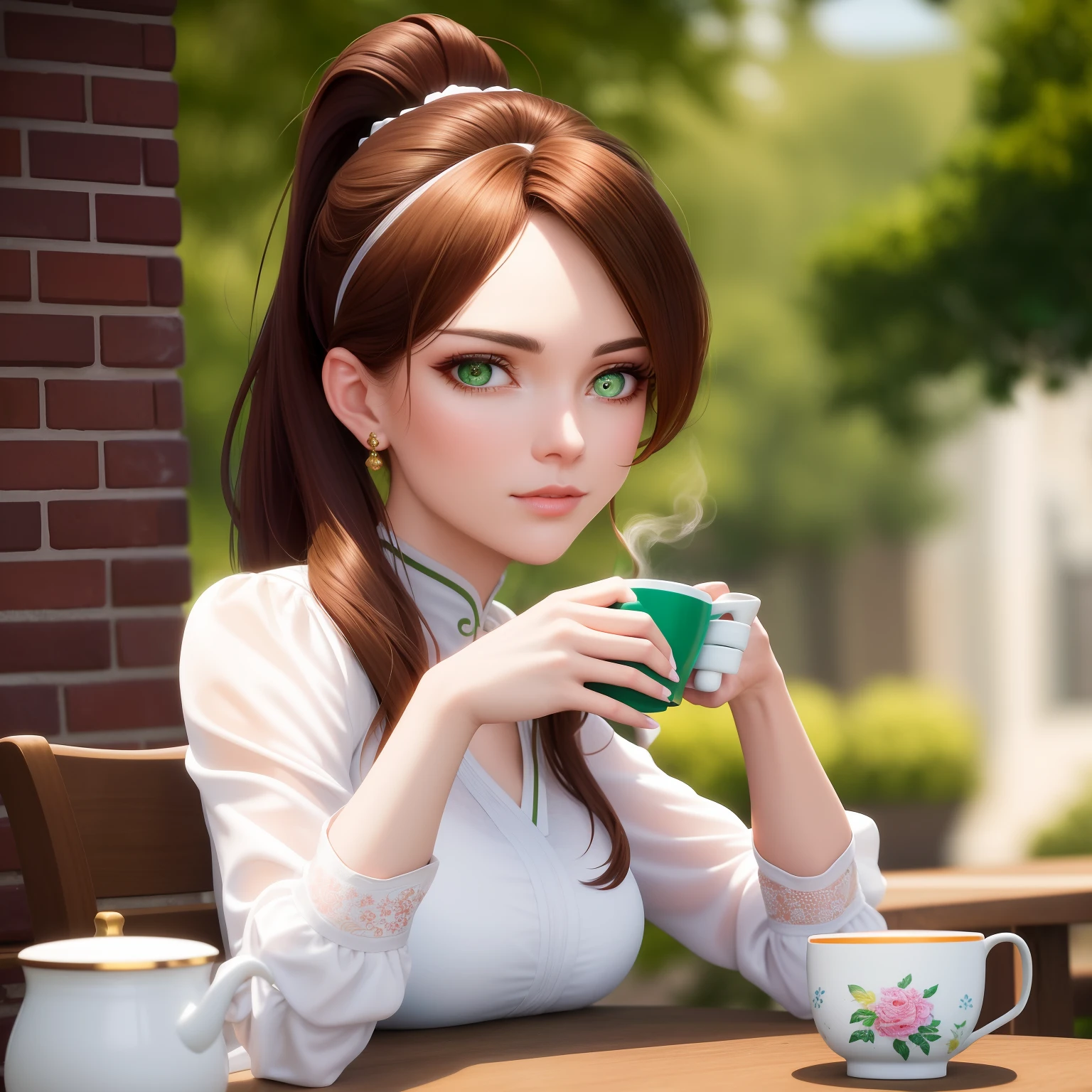 (dramatic illumination, dynamic angle, intense color contrast), [(young woman with brown hair in ponytail and white floral headband, green eyes: 1.2), (drinking coffee from a China mug: 1.2), (wearing a white minidress: 1.1), (outside table in front of brick wall: 1.1)], 