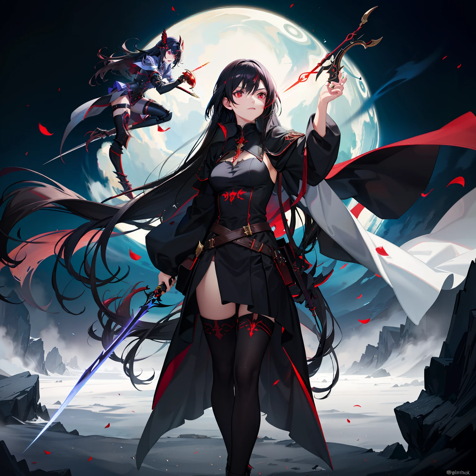 Create a dark-haired main character with red eyes, wielding two swords and emitting a mysterious aura