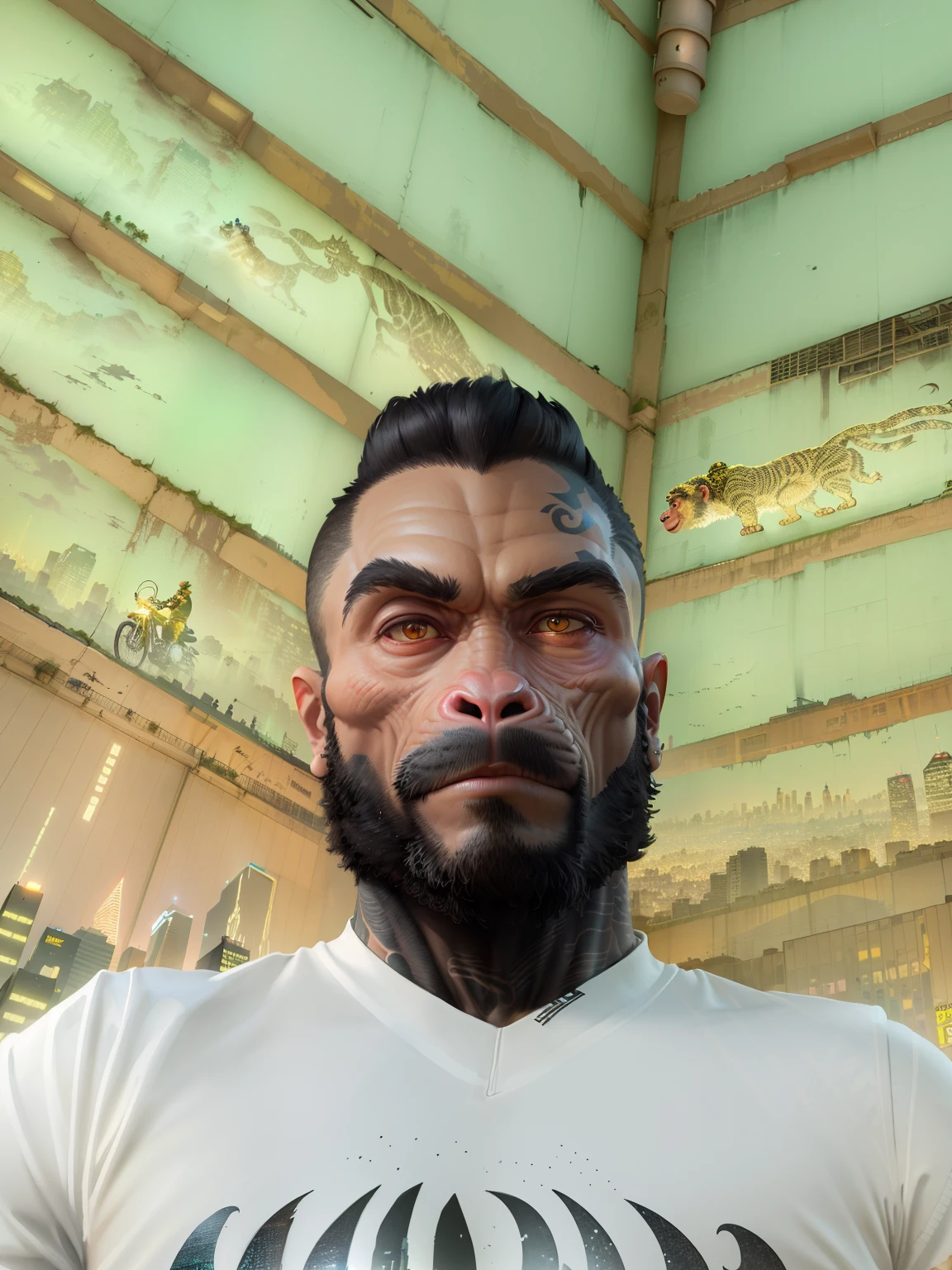 ((best quality)),((ultradetailed)), ((masterpiece)), illustration, Scene structure: Animal-personified monkey as a gangster, with a monkey face and human body. He has a muscular build and tattoos on his body. He rides a motorcycle in the city, with tall buildings behind him and neon lights flashing. Prompt composition: Monkey-gangster, animal-personification, motorcycle-riding, tattooed-body, muscular-build, city-scape, tall-buildings, neon-lightsSubstance 3D, Octane rendering,(hdr:1.3)