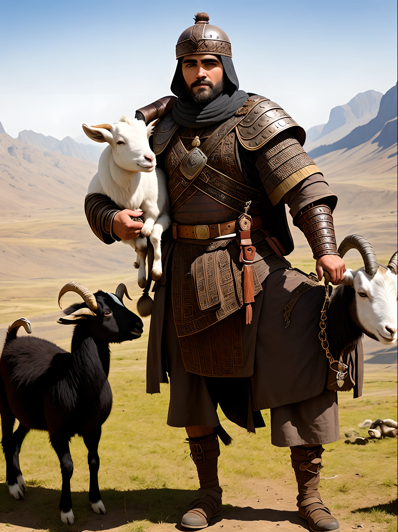 a masculine warrior drinking coffee carrying small goat