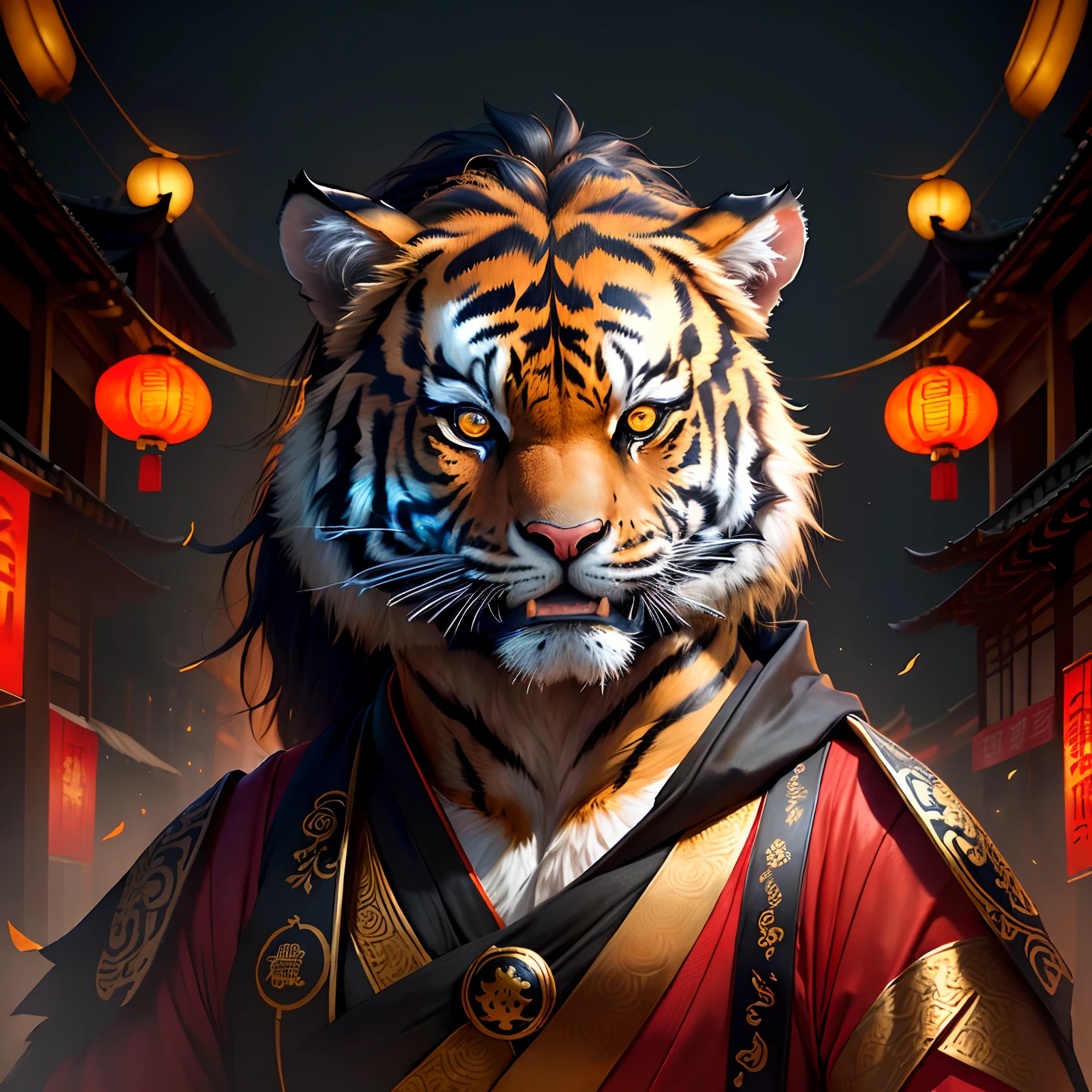 A tiger, magical, anthropomorphic, boy, angry expression, glowing eyes, Prajna mask, Hanfu, background ancient Chinese street, night. Genshin Impact Impact, best picture quality, high detail, high quality, ultra high resolution, oc rendering, 8K