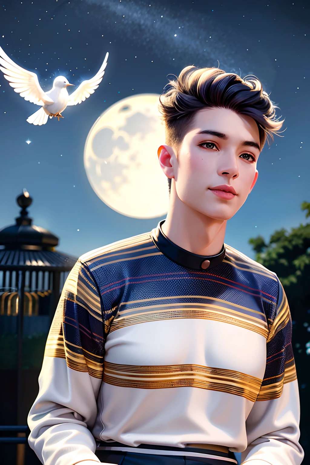 cute angel with feathered wings looking to the night sky, ((gorgeous face)), sitting on the outer egde marble gazebo at night garden and surrounded by white litle birds flying around her, all illuminated by the moon, intricate detailed, professional lighting, high definition, 8k, studio light
