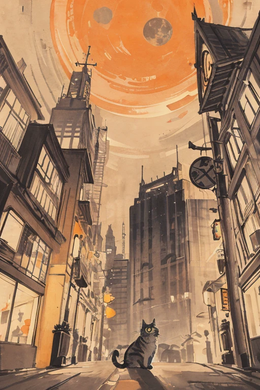 cat, orange, cute, big eyes, masterpiece, full moon, skyscrapers, street