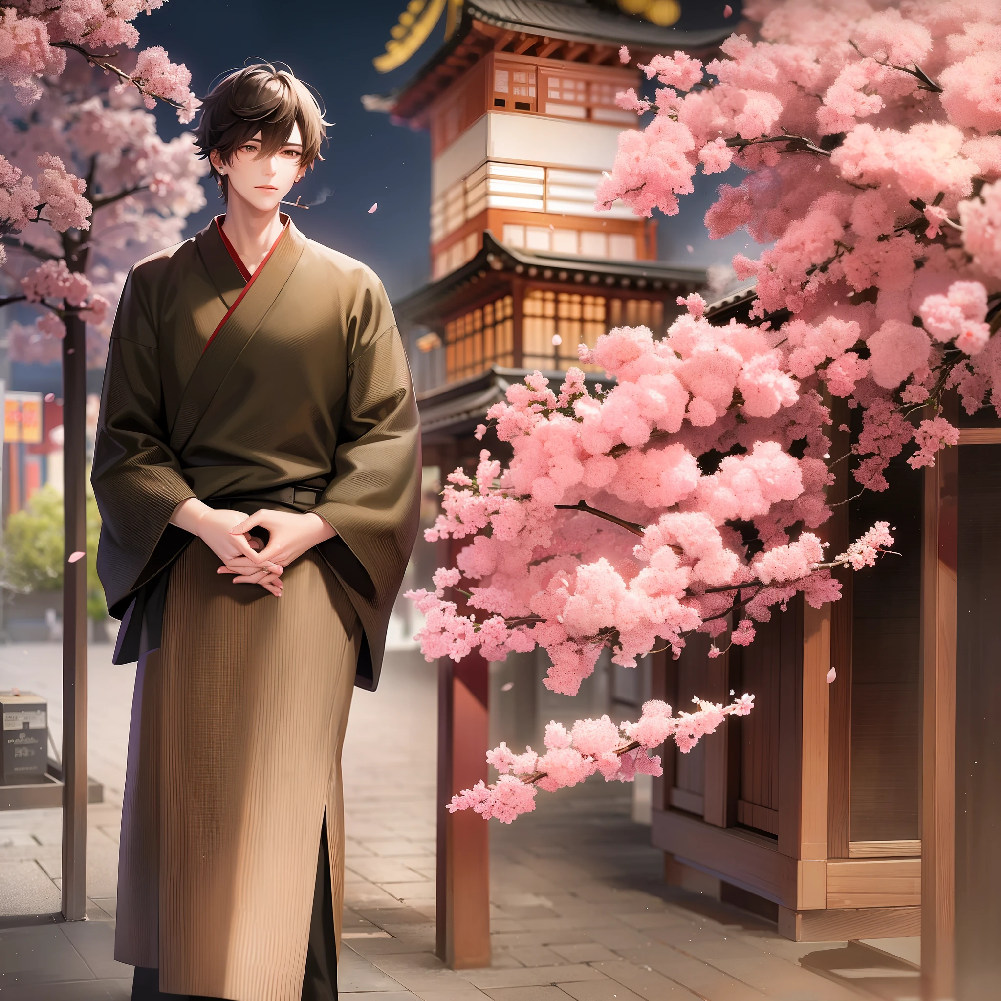Cherry blossoms under the Tokyo Tower in Japan, a handsome guy with earrings is smoking a cigarette