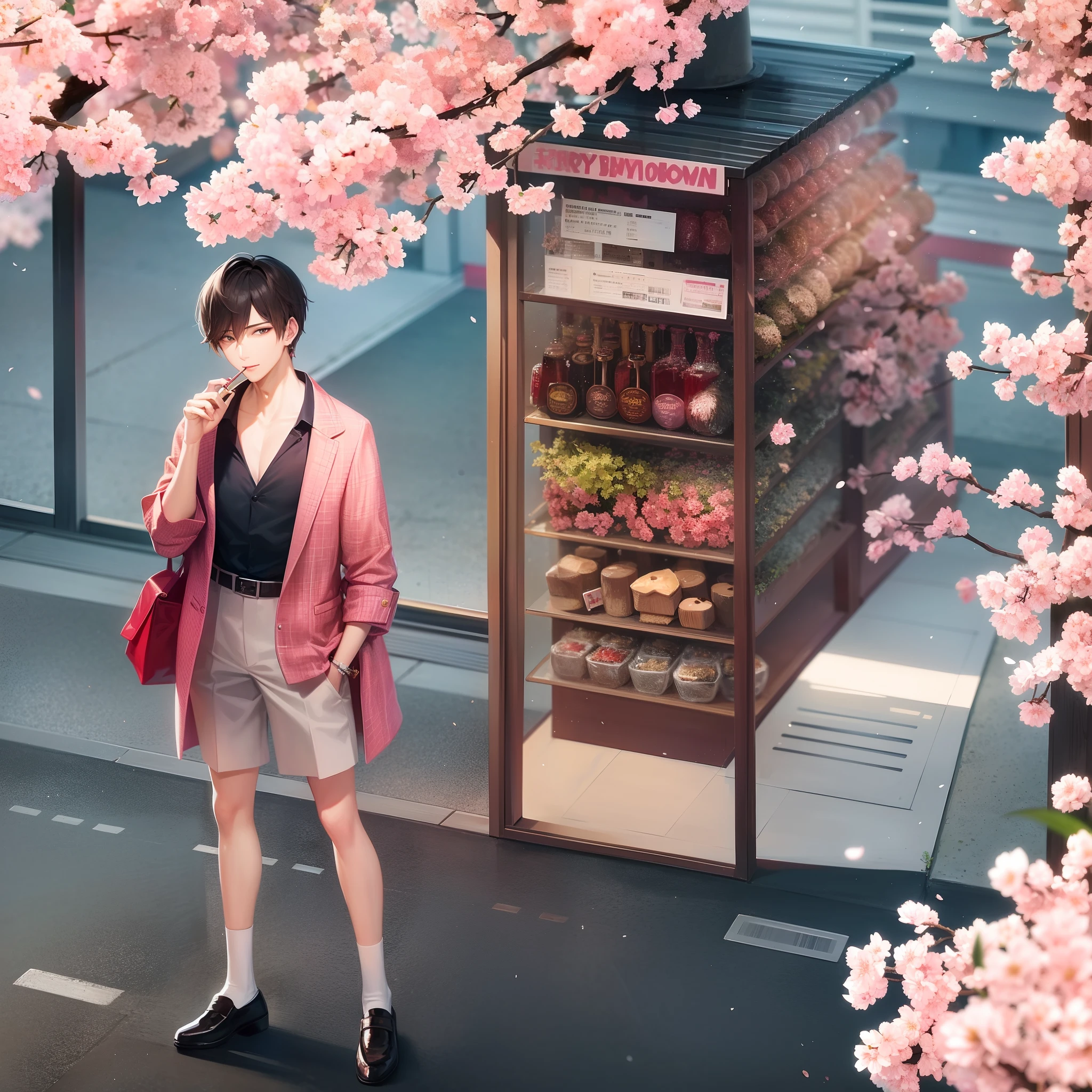 Cherry blossoms under the Tokyo Tower in Japan, a handsome guy with earrings is smoking a cigarette