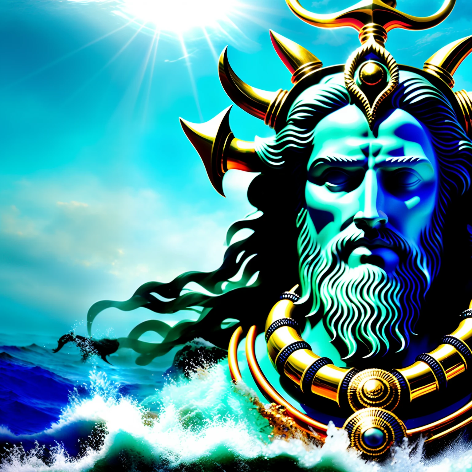 poseidon, god of sea, powerful, colorful, close up, art, masterpiece, detailed