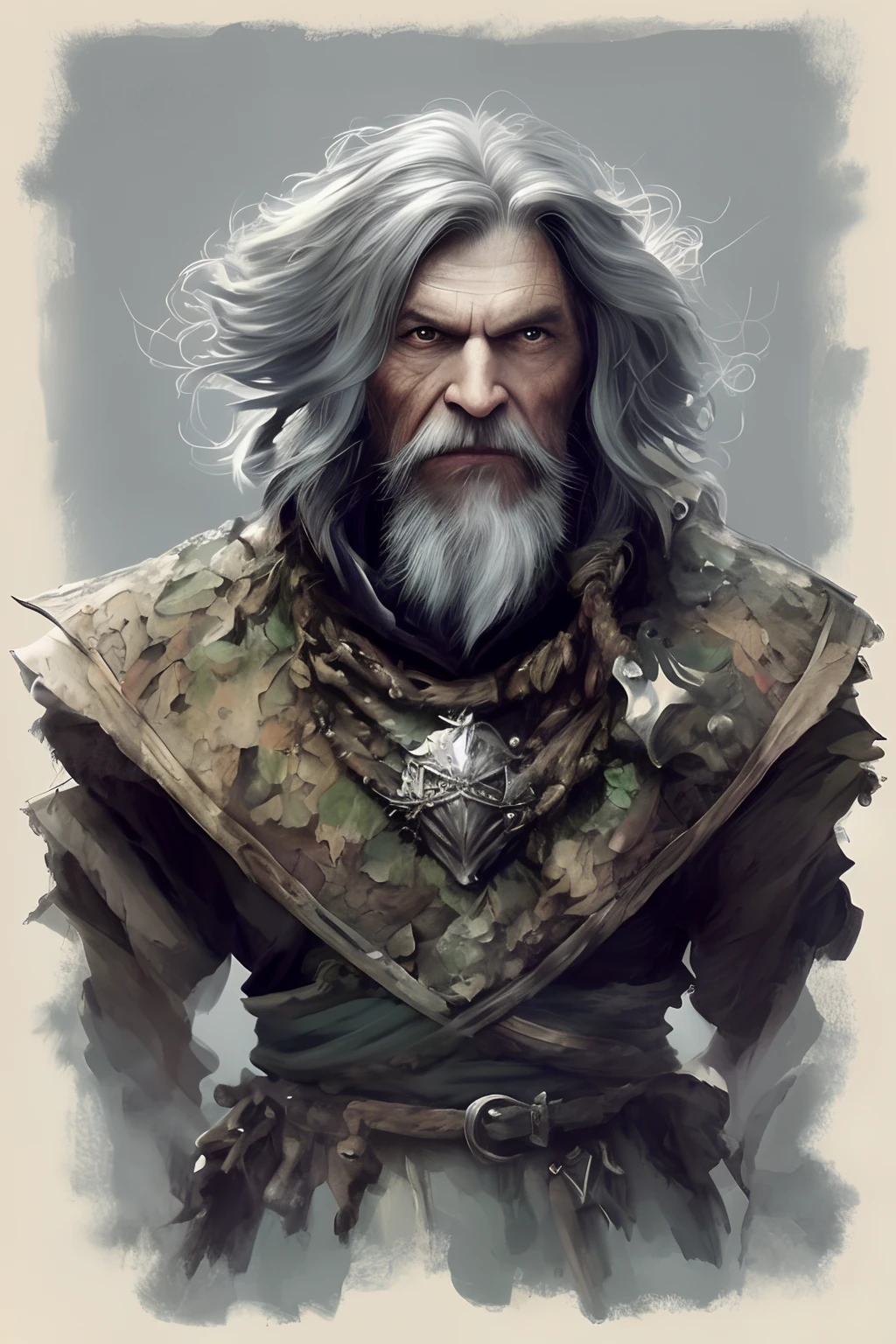 Human Middle Age Male Oil Painting Medieval Warrior Sword Hand Ax Long Bow Silver Chain Armor Black Long Hair
