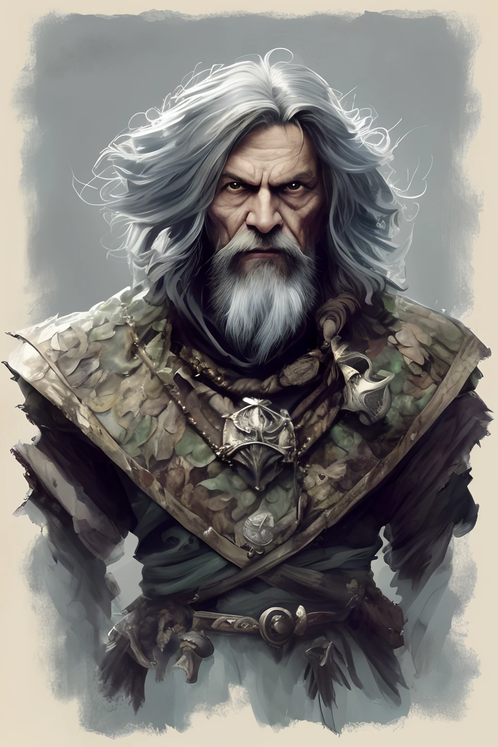 Human Middle Age Male Oil Painting Medieval Warrior Sword Hand Ax Long Bow Silver Chain Armor Black Long Hair
