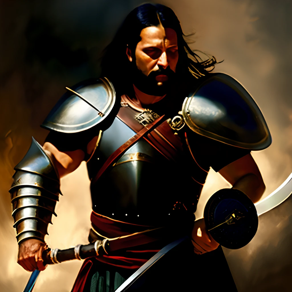 Human middle-aged male warrior holding sword body back longbow and shield armor black hair oil painting mercenary