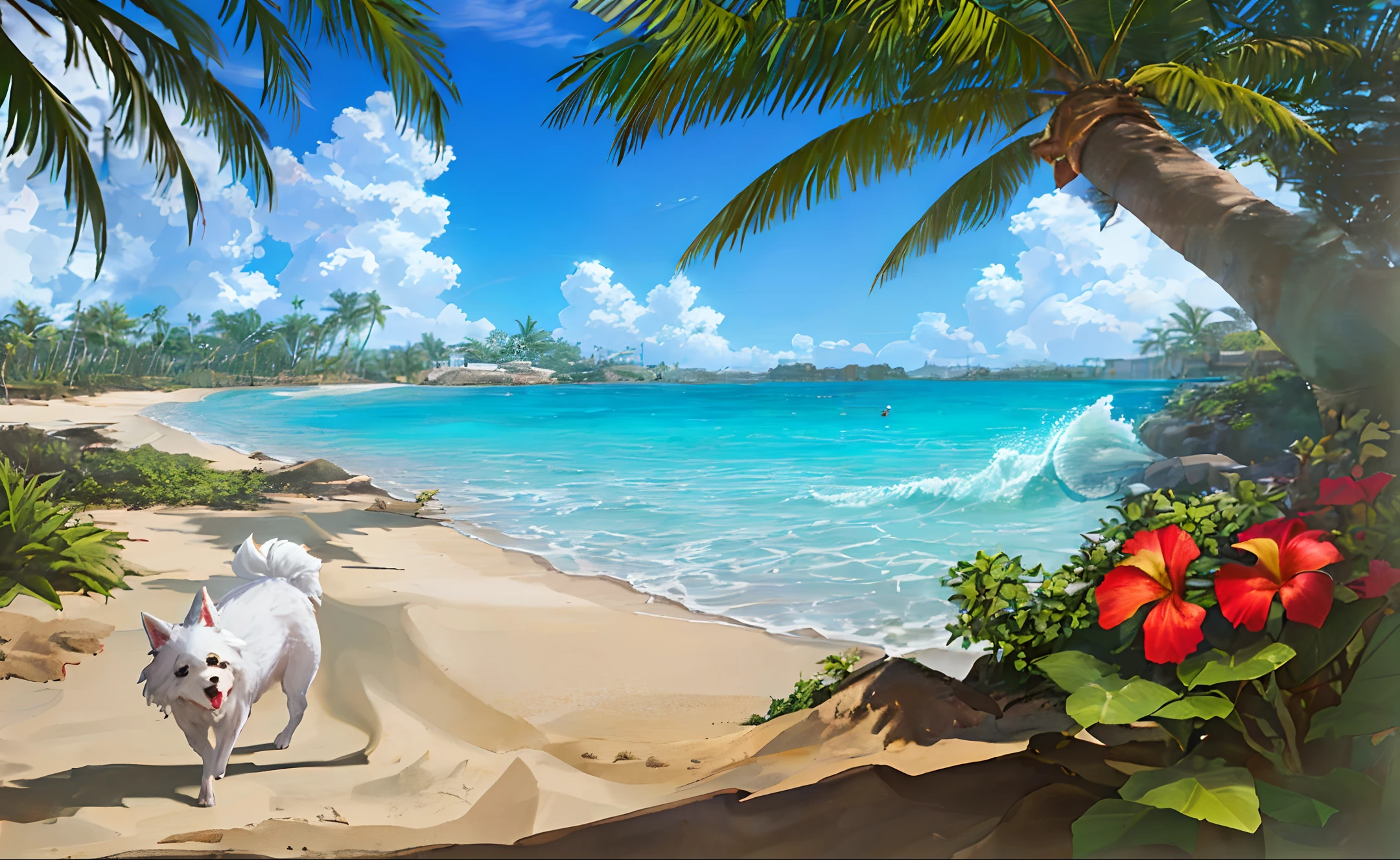 Prompt: (beach, turquoise waters, vibrant blue skies),(white-haired dog, fluffy and cute),(splashing waves, seafoam, crashing surf):0.8,(tropical island paradise, palm trees rustling in the breeze, sandy shores):0.6