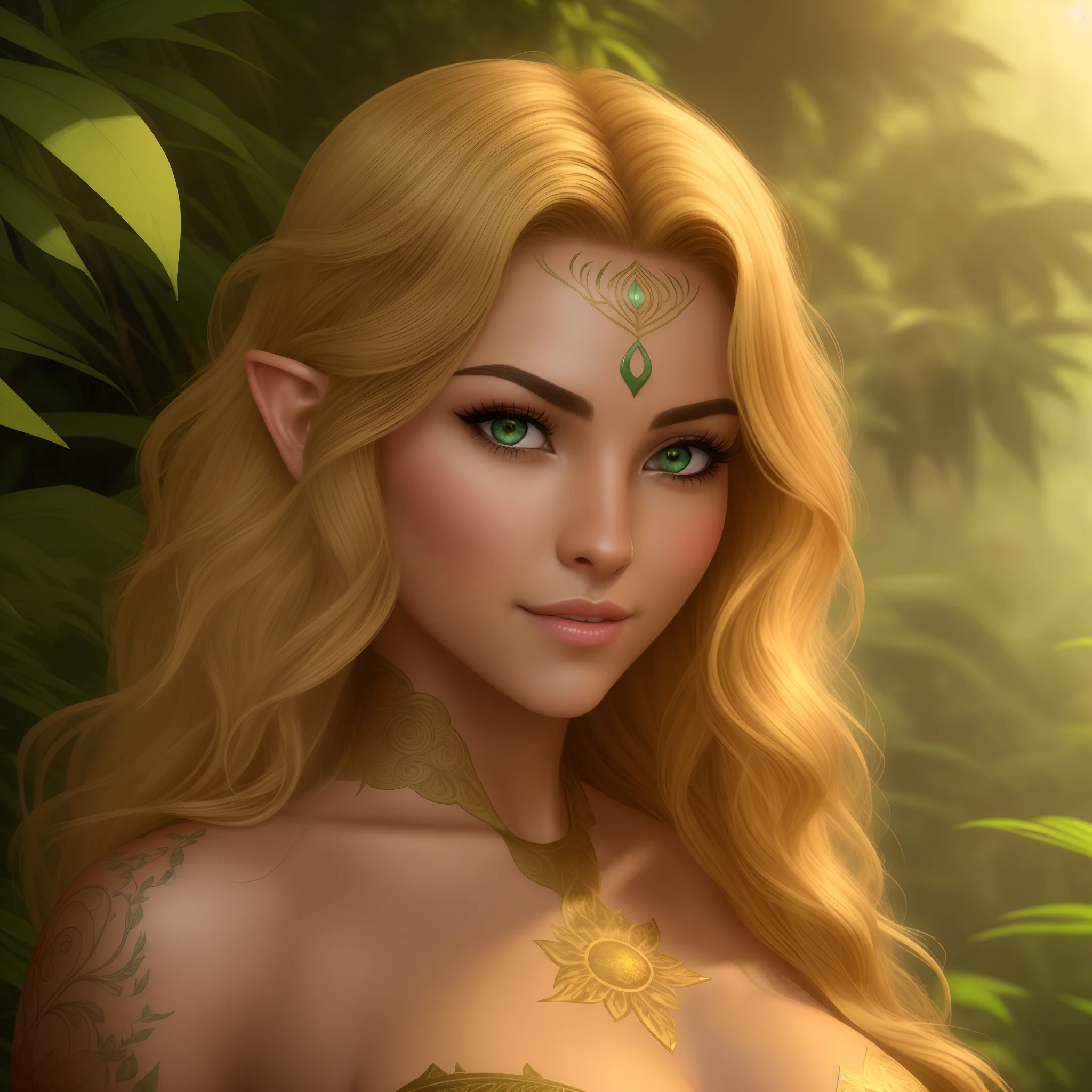 (((Front Facing View))), (Highly Detailed), Beautiful, Stunning, (Portrait:1.2), Character, (prime) features of features, young woman, figure, mischievous expression, ((tan)) skin, green eyes, wavy (hot) blonde hair, looking at viewer, smiling, elf ears, confident, (confident), ((symmetrical detail eyes)), (soft light: 1.5), glowing sun effect, (deep jungle atmosphere: 1.6), golden tattoos on the whole body skin