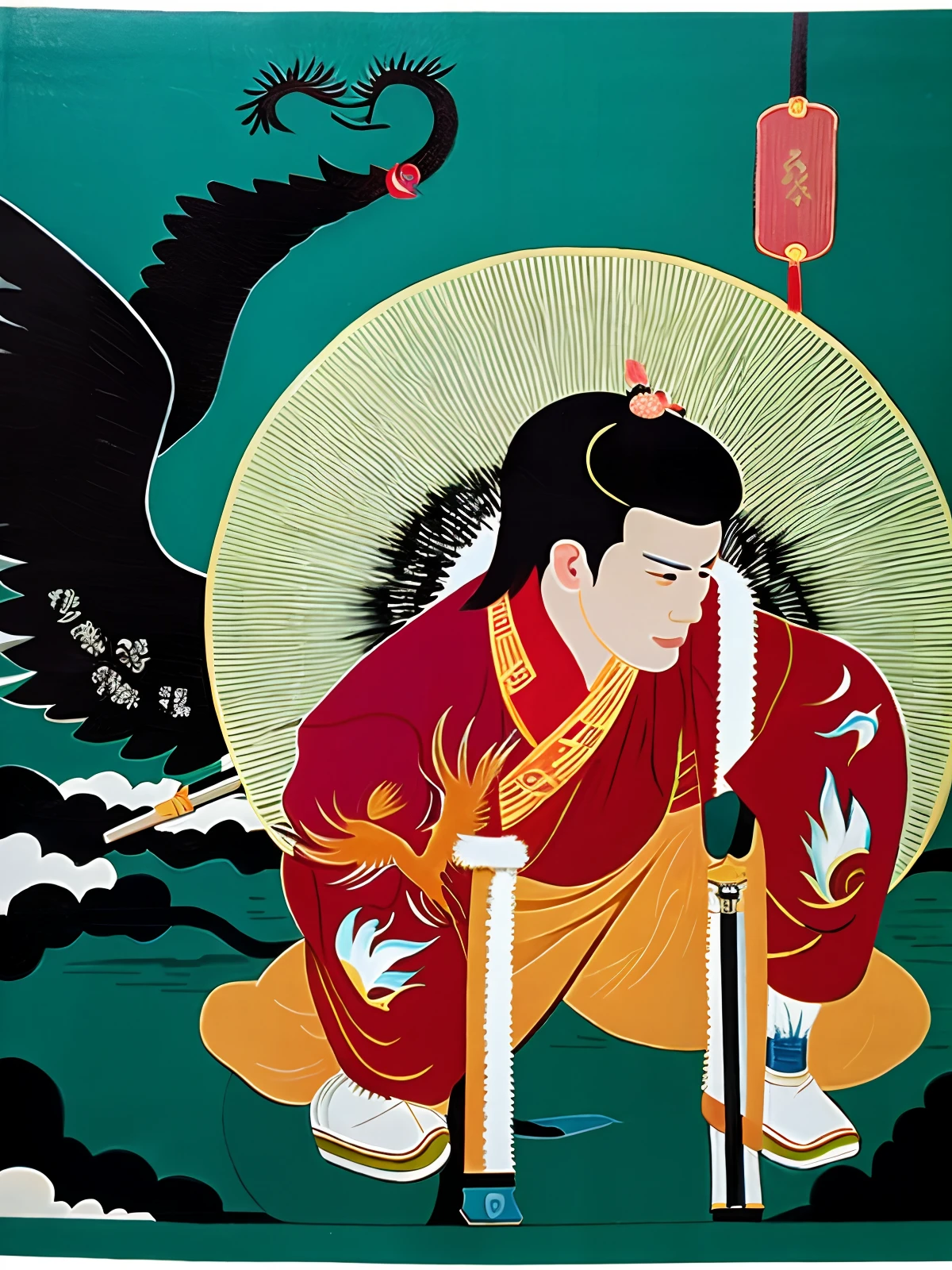 Cui Wenzi is from Mount Tai. Learn from Wang Ziqiao. Zi Qiao turns into Bai Ni, and holds the medicine and Wen Zi. Wenzi was surprised, and struck Ni with a spear, and fell into the medicine because he fell into it. Looking down on it, Wang Ziqiao&#39;s shoes are also. Put it in the room and cover it with an empty basket. In a moment, it turned into a big bird. Open it and look at it, and then fly away. traditional Chinese painting