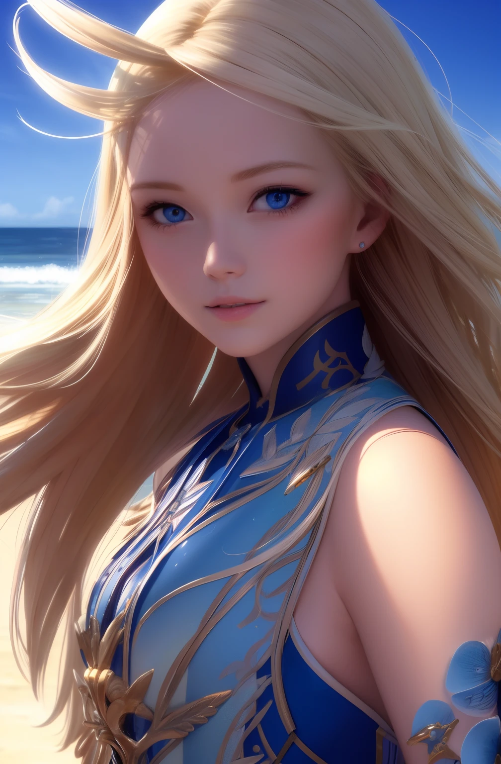 Pretty Female, Windblow blonde hair, glowing blue eyes, realistic, masterpiece, high detailed, 4K, beach background, high detailed light, little smile, white skin