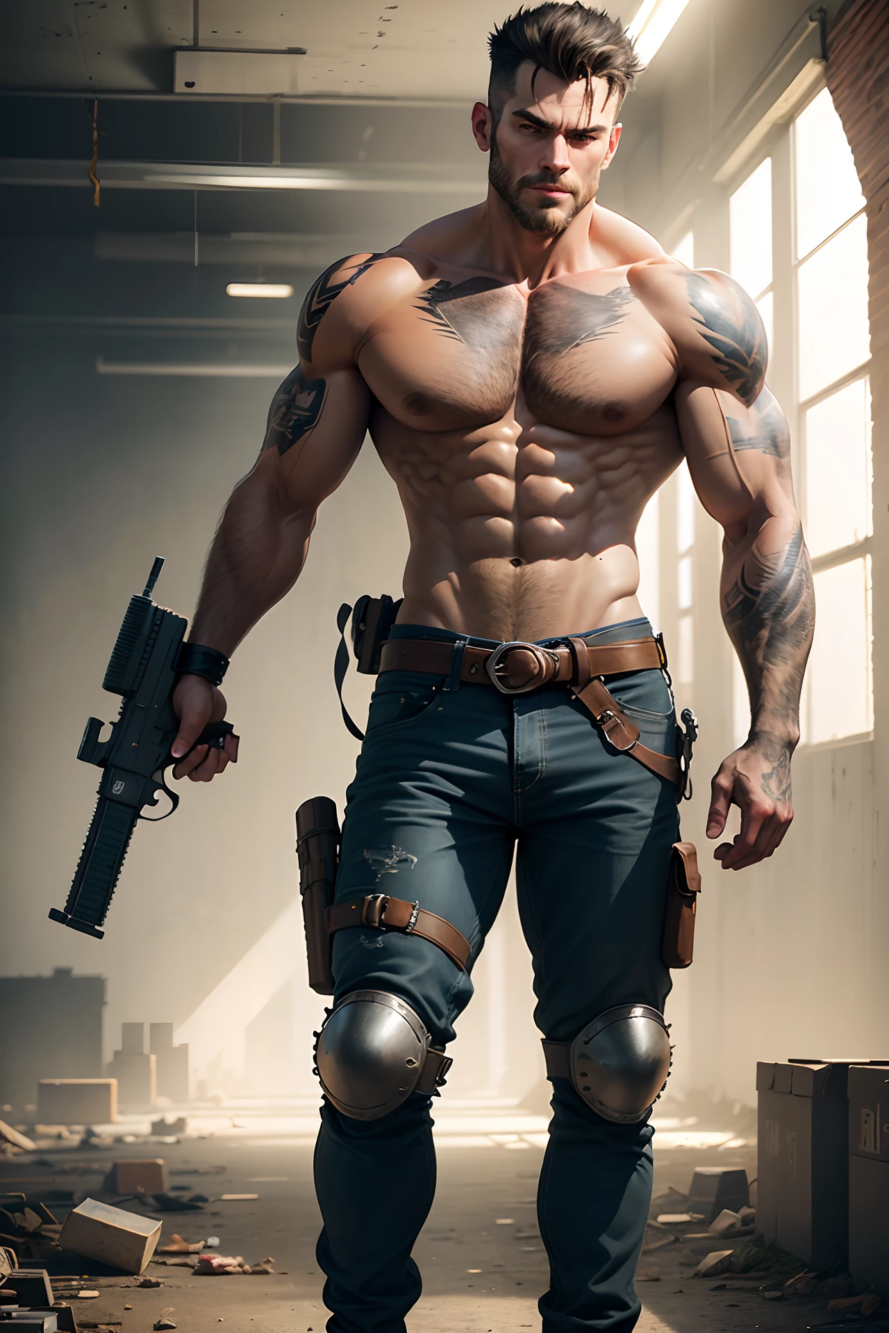((best quality)), ((super detail)), ((masterpiece)), photography, scene: spacious abandoned warehouse, theme: demon gunslinger, character: male gunslinger, appearance: muscular build, action: fighting stance, facial expression : smirk, holding a sniper rifle, naked upper body, mafia sports tattoos, perspective: 4K.