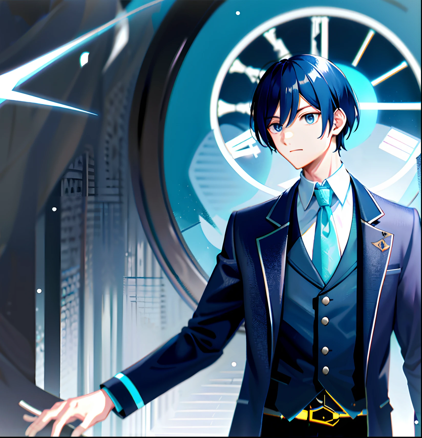 black windbreaker gentleman light blue clock background dungeon dim
