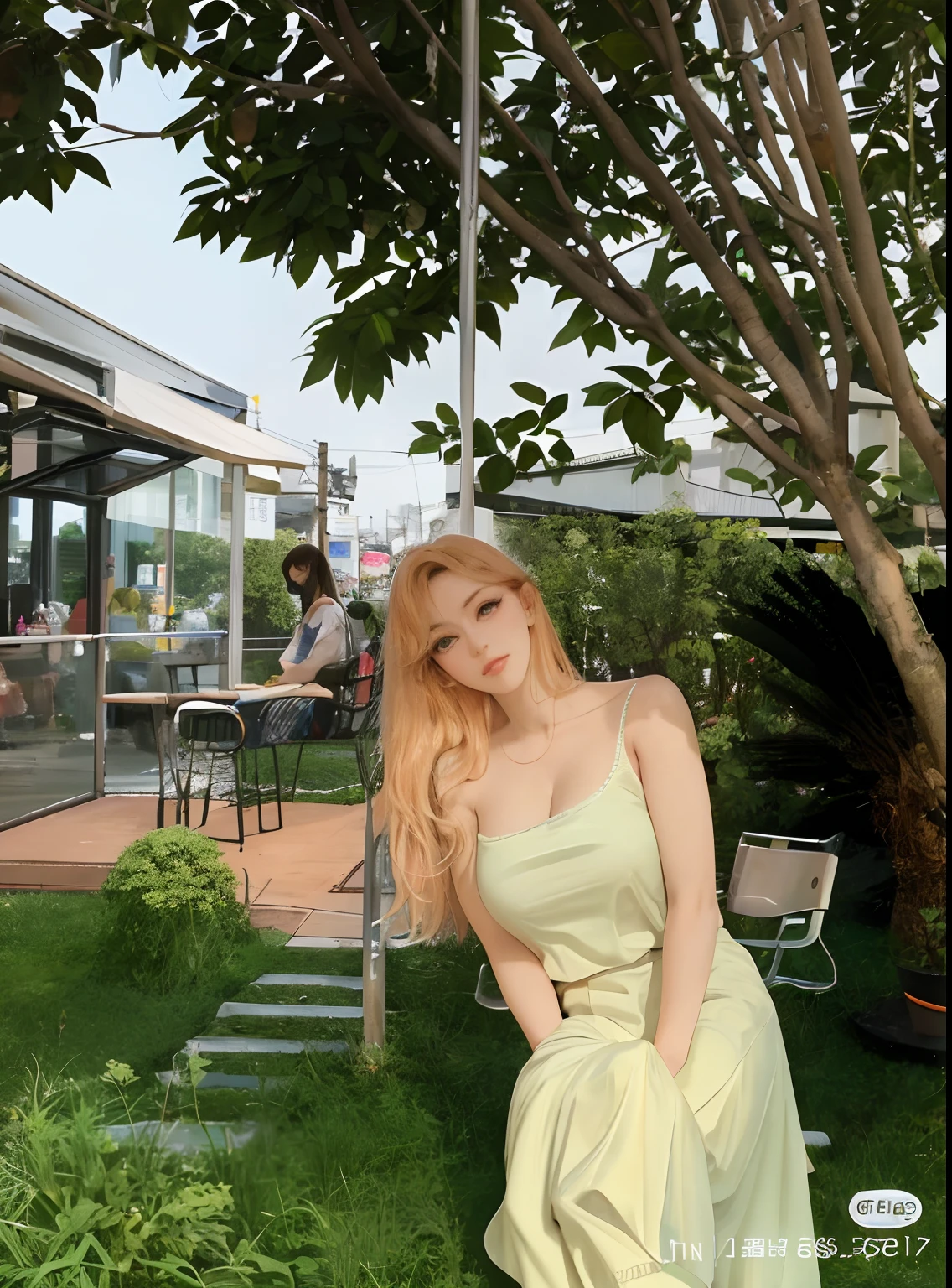 (masterpiece:1.2, best quality), realistic, (real picture, complex details, depth of field), (1girl, solo), makeup, cleft lip, high detail, perfect face shape, (big breasts:1.4), (skin indentation), rough Thighs, wide hips, small waist, tall, coral lips, red hair, red eyes, white casual clothes, streets of Akihabara, sitting in cafes, suitcases, revealing clothes, stockings