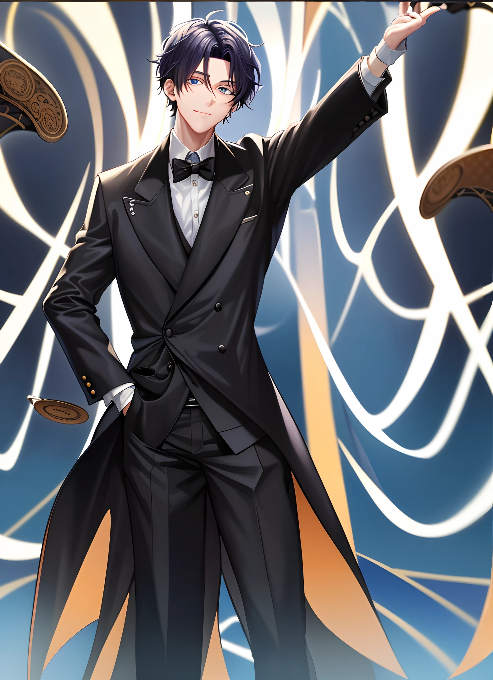 30-year-old gentleman in a black windbreaker ((masterpiece, best)) Magician with firm eyes Magician with black pupils Light blue illusory clock background