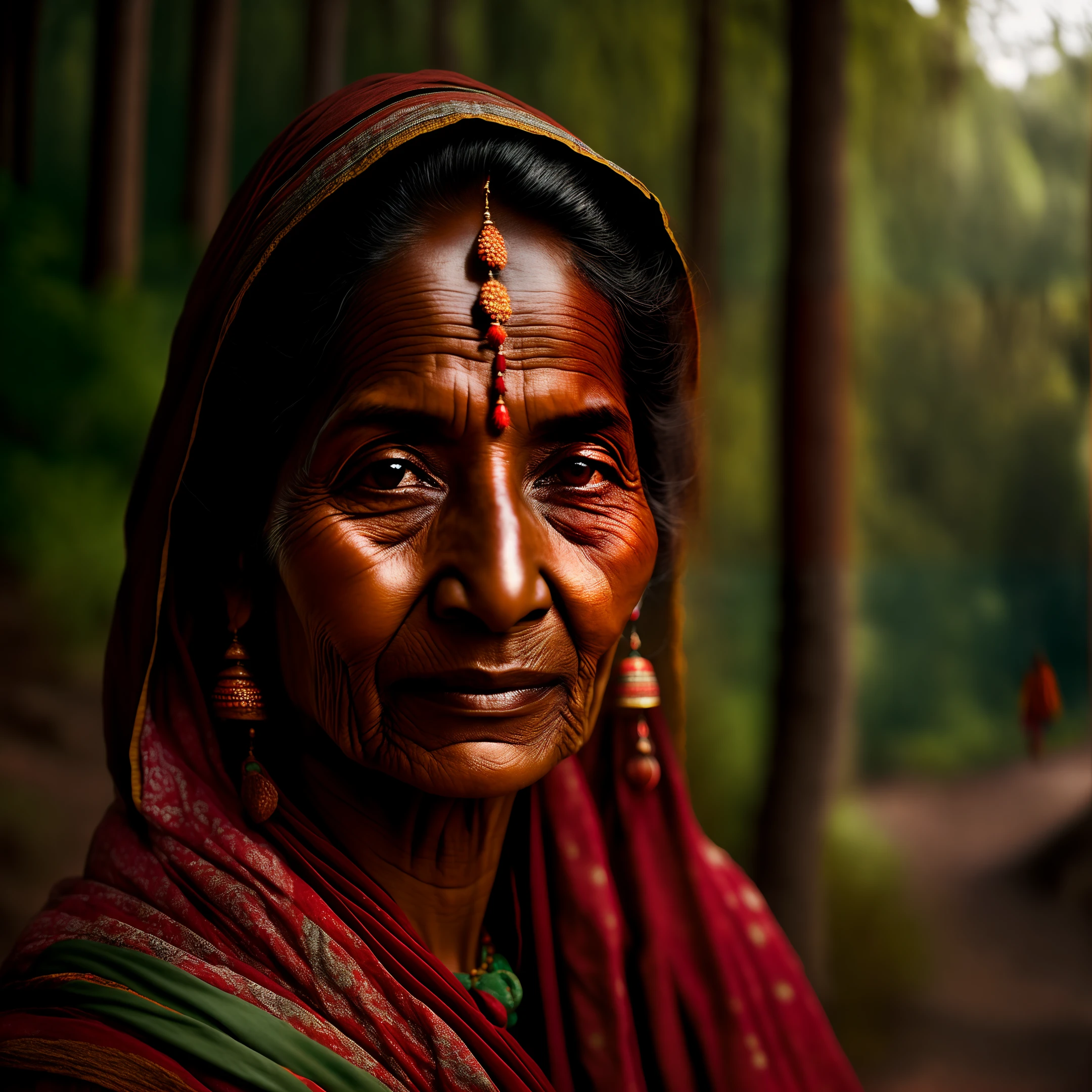 portrait of an indian village woman in forest in Himachal pradesh, clear facial features, Cinematic, 35mm lens, f/1.8, accent lighting, global illumination