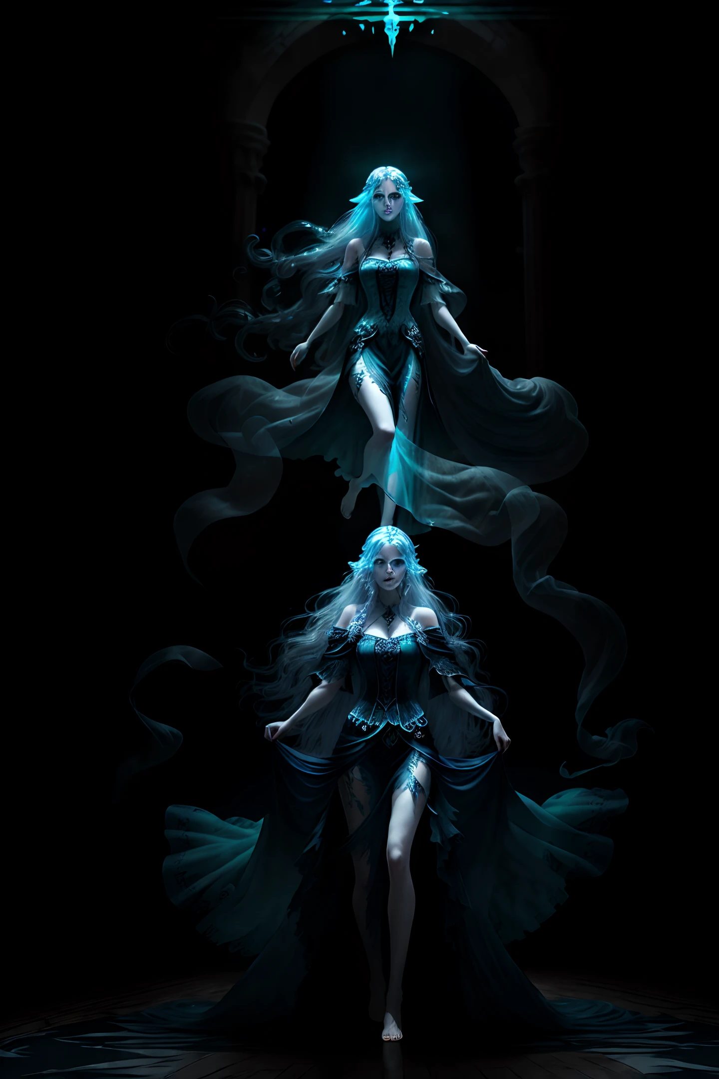 ((close medium shot)), ((Beautiful ghost woman)), ((long flowing hair)), (translucent), (shiny transparent blue), (ethereal), (otherworldly), (in torn and tattered flowing medieval dress ), (barefoot), (floats in the air), inside the halls of an ancient and beautifully decorated castle ballroom, (floating), (dark interior), particle effects, (dynamic pose), (nice composition), (subtle lighting), (award-winning), (breathtaking), (masterpiece), Rogue, ice magic, dark eyes, sinister image