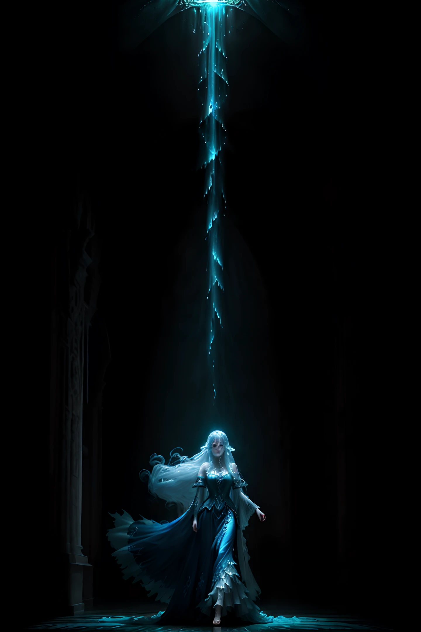 ((close medium shot)), ((Beautiful ghost woman)), ((long flowing hair)), (translucent), (shiny transparent blue), (ethereal), (otherworldly), (in torn and tattered flowing medieval dress ), (barefoot), (floats in the air), inside the halls of an ancient and beautifully decorated castle ballroom, (floating), (dark interior), particle effects, (dynamic pose), (nice composition), (subtle lighting), (award-winning), (breathtaking), (masterpiece), Rogue, ice magic, dark eyes, sinister image