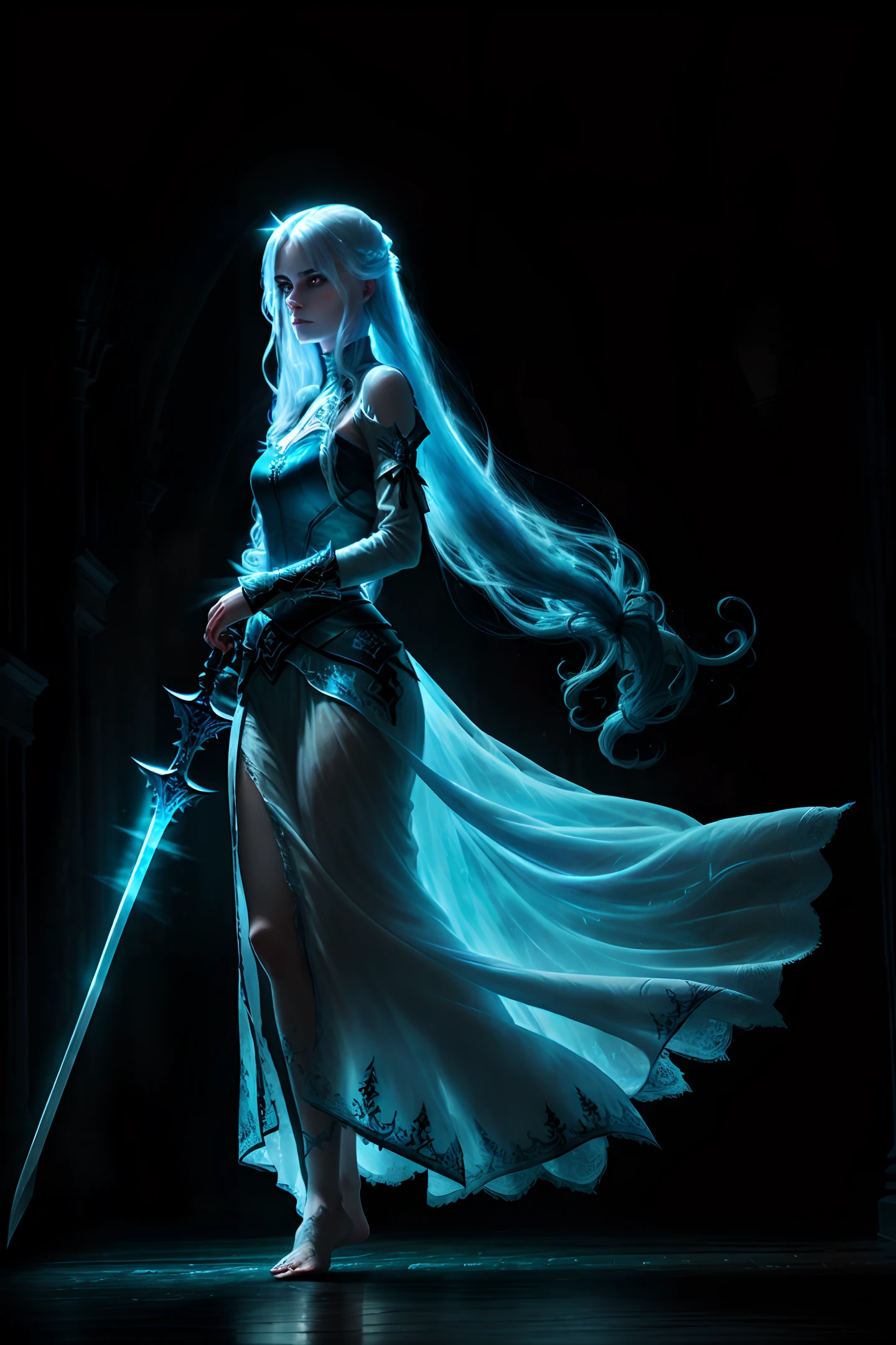 ((close medium shot)), ((Beautiful ghost woman)), ((long flowing hair)), (translucent), (shiny transparent blue), (ethereal), (otherworldly), (in torn and tattered medieval dress ), (barefoot), (floats in the air), inside the halls of an ancient and beautifully decorated castle ballroom, (floating), (dark interior), particle effects, (dynamic posture), (beautiful composition), (subtle illumination), (award-winning), (breathtaking), (masterpiece), Rogue, ice magic, dark eyes, sinister image, battle armor, sword in left hand flames in right