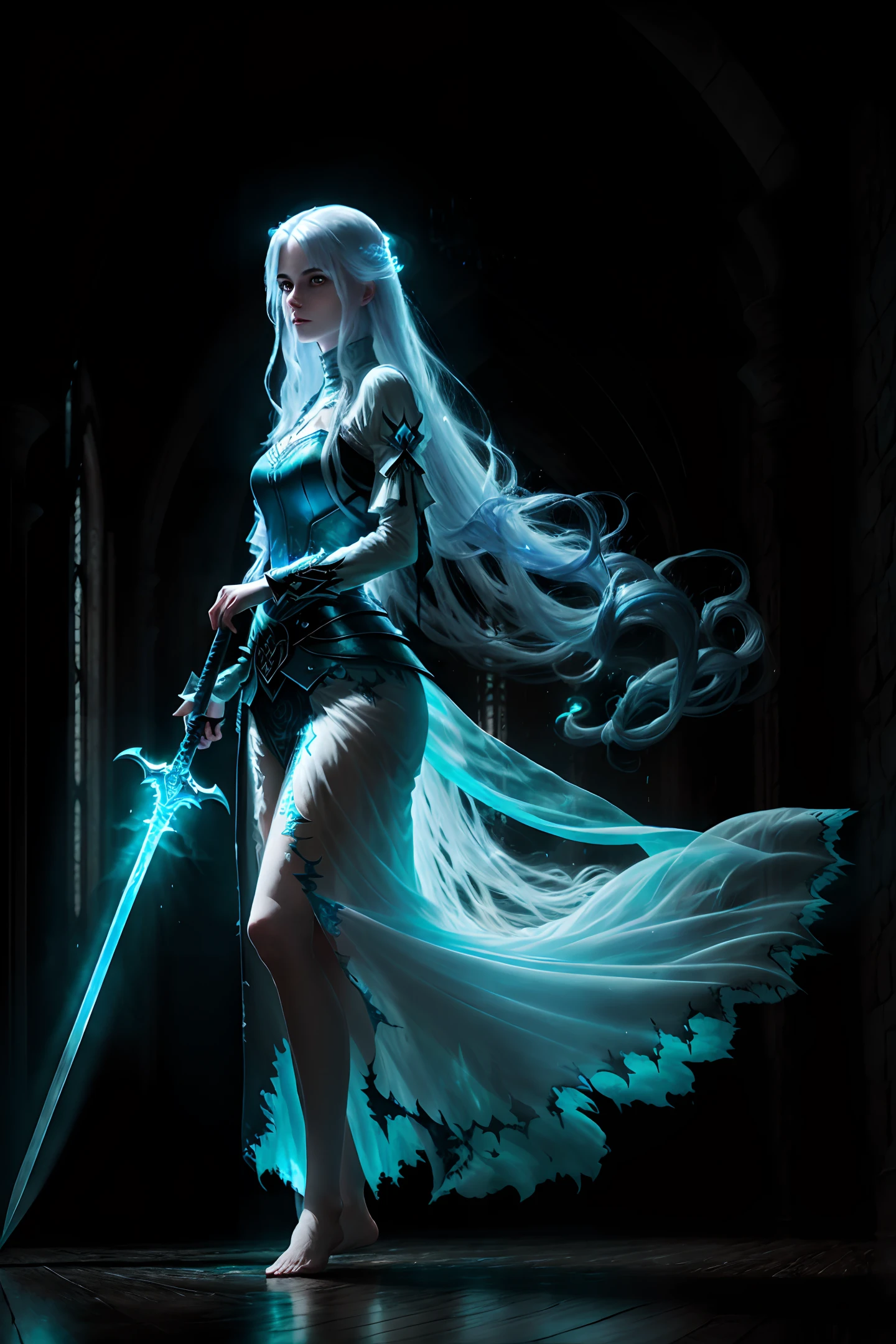 ((close medium shot)), ((Beautiful ghost woman)), ((long flowing hair)), (translucent), (shiny transparent blue), (ethereal), (otherworldly), (in torn and tattered medieval dress ), (barefoot), (floats in the air), inside the halls of an ancient and beautifully decorated castle ballroom, (floating), (dark interior), particle effects, (dynamic posture), (beautiful composition), (subtle illumination), (award-winning), (breathtaking), (masterpiece), Rogue, ice magic, dark eyes, sinister image, battle armor, sword in left hand flames in right