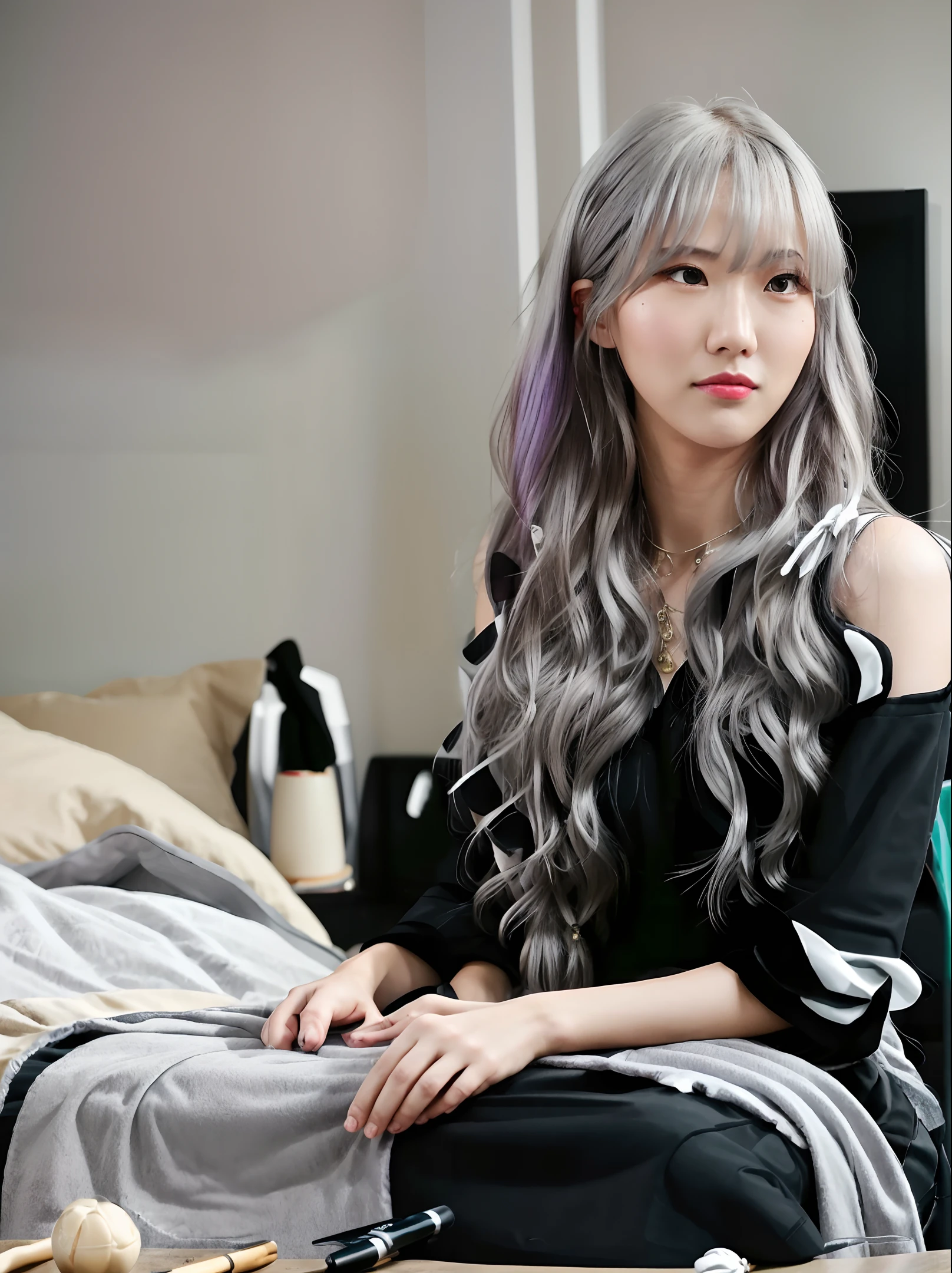 luda in black top, long grey hair, hair bangs, cute asian girl, 20yo, half body, sexy pose, looking to camera
dark bedroom, rim lighting, two tone lighting, dimly lit, low key
, hyper realistic lifelike texture dramatic lighting unrealengine trending on artstation,award winning photo,nikon RAW photo,8 k,Fujifilm XT3,masterpiece, best quality, realistic, photorealistic,ultra detailed,extremely detailed face,