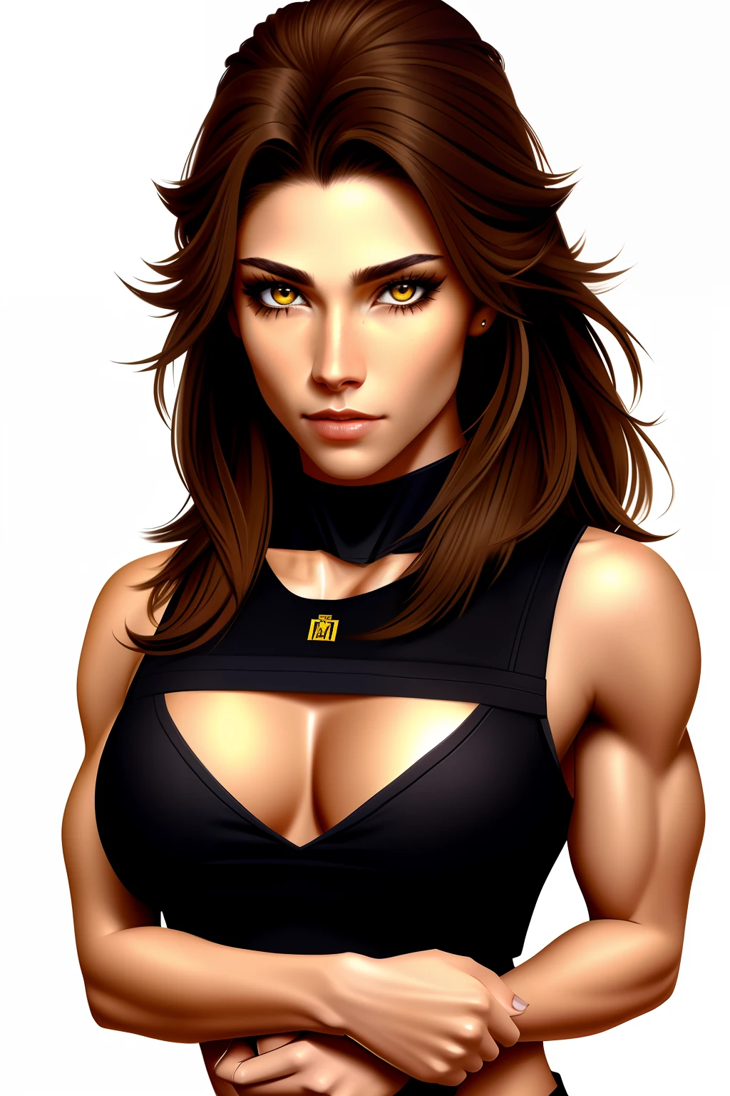 pretty female werewolf, brown hair, bright yellow eyes, muscular body, light makeup above the eyes,
Using military clothes, sfw, holding a handgun, close portrait, realistic drawing