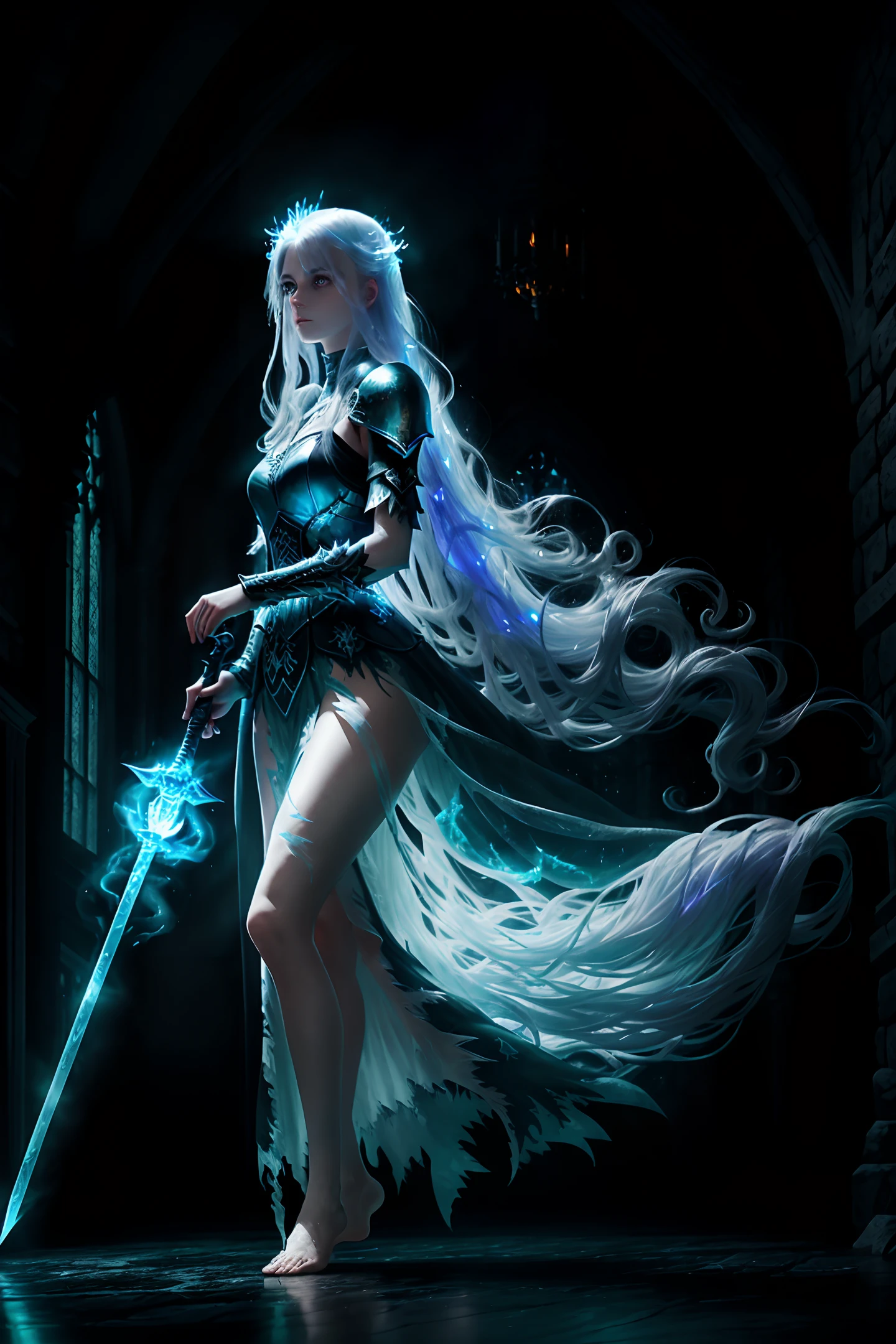 ((close medium shot)), ((Beautiful ghost woman)), ((long flowing hair)), (translucent), (shiny transparent blue), (ethereal), (otherworldly), (in torn and tattered medieval dress ), (barefoot), (floats in the air), inside the halls of an ancient and beautifully decorated castle ballroom, (floating), (dark interior), particle effects, (dynamic posture), (beautiful composition), (subtle illumination), (awarded), (breathtaking), (masterpiece), Rogue, ice magic, dark eyes, sinister image, battle armor, sword in left hand, torch in right. Back ground within a gloomy forest lighting coming from the torch in the right hand, enemies hidden in the shadows with only silhouettes and glowing eyes visible.