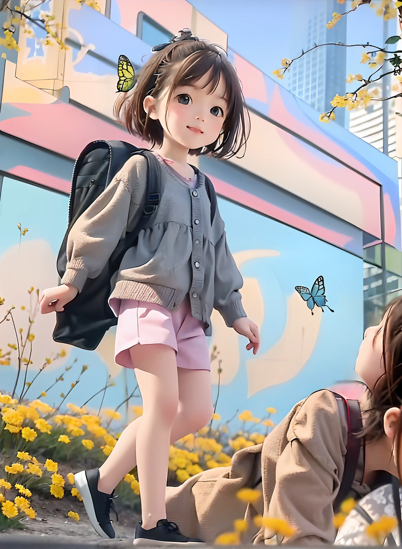 A charming little girl with a backpack is enjoying a cute spring outing surrounded by beautiful yellow flowers and nature with her cute puppy. The illustration is a high-definition illustration in 4k resolution with highly detailed facial features and cartoon-style visuals, (Butterfly Dance)