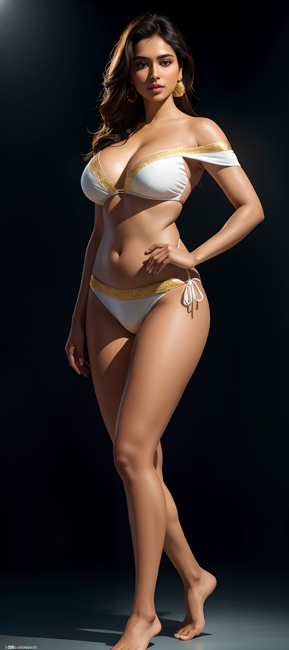 Full body portrait of Indian beauties with golden body proportions. Wearing a white off-shoulder bikini. Big breasts. Pelvis. Wide and small frame ((slim, petite)). A masterpiece of realistic portraits. Wearing a off-shoulder white lace bikini. Height contrast. Realistic. Digital art trends. High-definition details. Realistic 8K high-definition art station, detail, skin texture, super detailed, realistic skin texture, armature, best quality, super high resolution (fidelity: 1.4), high resolution, detail, original, sharp, jeff lee reslan nikon d850 film Photo 4 Kodak portra 400 camera f1. 6 Lenses Rich Colors Ultra Realistic Realistic Textures Dramatic Lighting Unreal Engine artstation cinestill 800 Trending,