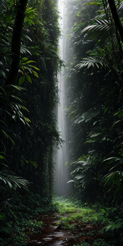 A jungle, with intense rainfall, monochromatic, vines all around, giant and wet trees, masterpiece, best quality, high quality, extremely detailed CG unity 8k wallpaper, oil paiting, award winning photography, Bokeh, Depth of Field, HDR, bloom, Chromatic Aberration ,Photorealistic,extremely detailed, trending on artstation, trending on CGsociety, Intricate, High Detail, dramatic, art by midjourney, volumetric lighting