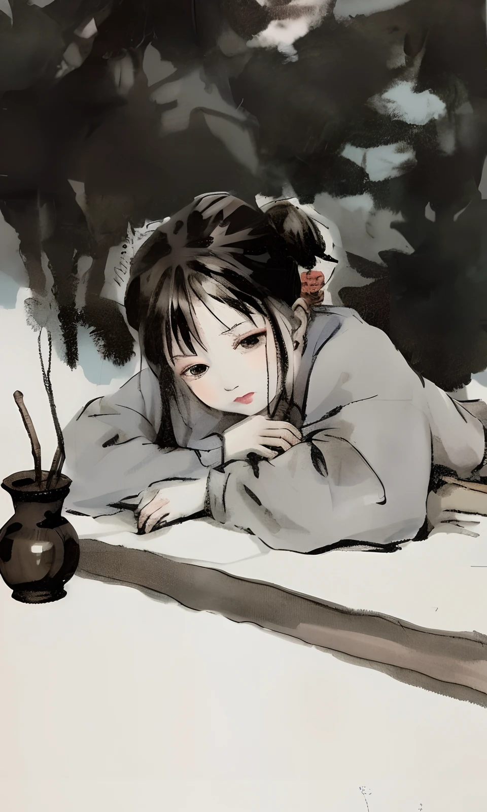 An old woman named Liu Poche in the village said that her husband was drunk and slept in front of Guandi&#39;s incense table. traditional Chinese painting