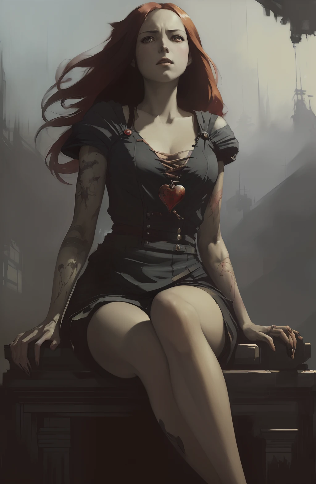 Beautiful vampire woman with demon tattoo, red hair, yes, sitting on a chair, gothic dress, with a seductive smile, dark fantasy, barefoot, (((Masterpiece))), (((((High Quality) )), (very detailed 8k wallpaper) full body highly detailed portraits, natural light, god light, cinematic look, octane rendering, professional majestic oil painting of Ed Blinkey&#39;s heart, Atey Ghailan, Jeremy Mann&#39;s Studio Ghibli, Greg Manchess, Antonio Moro, Trends on ArtStation, CGSociety Trends, Complex, high detail, sharp focus, dramatic, realistic drawing art, by midjourney and greg rutkowski,