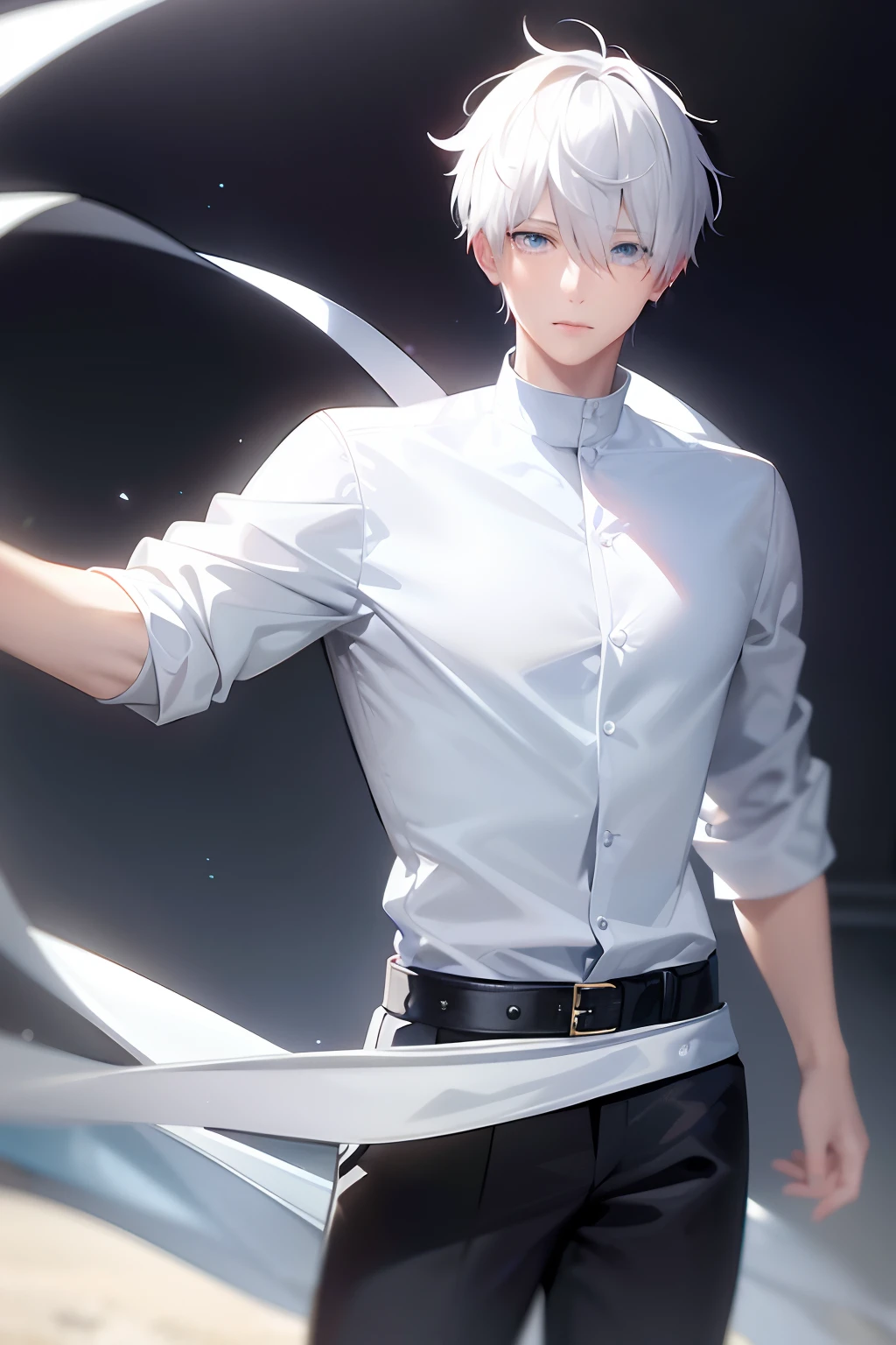 "An exquisitely detailed and beautifully rendered CG artwork featuring the epic, blue-eyed protagonist Gojou Satoru gazing directly at the viewer while standing at the sea background, wearing his iconic white short sleeve, styled with a captivating hairdo, accentuated with bangs and hair between eyes, highlighting his distinctive and stylish white and short hair. This dynamic composition expertly showcases his strong male focus, with an emphasis on his upper body, in a manner that captivates and intrigues viewers."