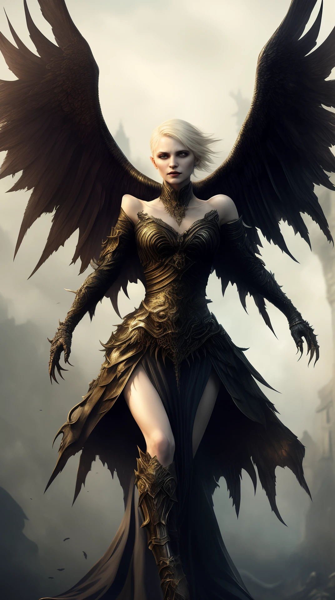 Beautiful fallen angel, she has short blonde hair, she (roars: 0.7) and (shows her fangs: 0.7) spreads (membranous wings: 1.3), skin details, wears a queen dress, dark, horror, masterpiece, most good quality, intricate details, absurd, horrible, chromatic aberration, depth of field, soft lighting, tone mapping, very detailed, concept art, smooth, sharp focus, dramatic lighting, very detailed artwork, cinematic, 8K, stunning Incredible shadows, (very detailed background: 1.0)