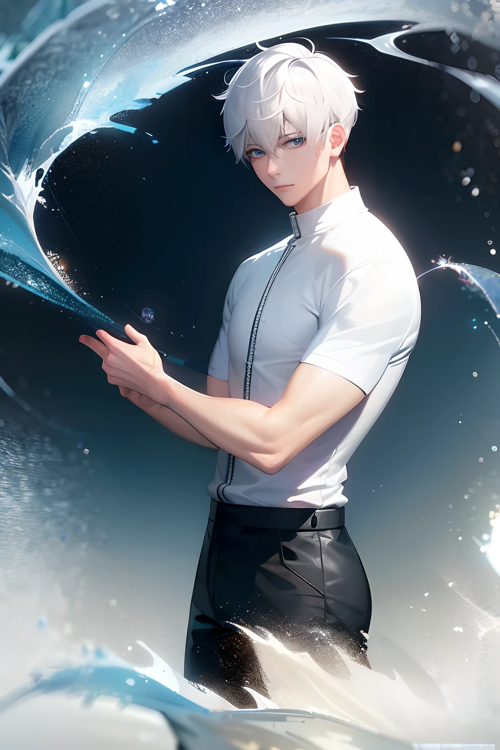 "An exquisitely detailed and beautifully rendered CG artwork featuring the epic, blue-eyed protagonist Gojou Satoru gazing directly at the viewer while standing at the sea background, wearing his iconic white short sleeve, styled with a captivating hairdo, accentuated with bangs and hair between eyes, highlighting his distinctive and stylish white and short hair. This dynamic composition expertly showcases his strong male focus, with an emphasis on his upper body, in a manner that captivates and intrigues viewers."