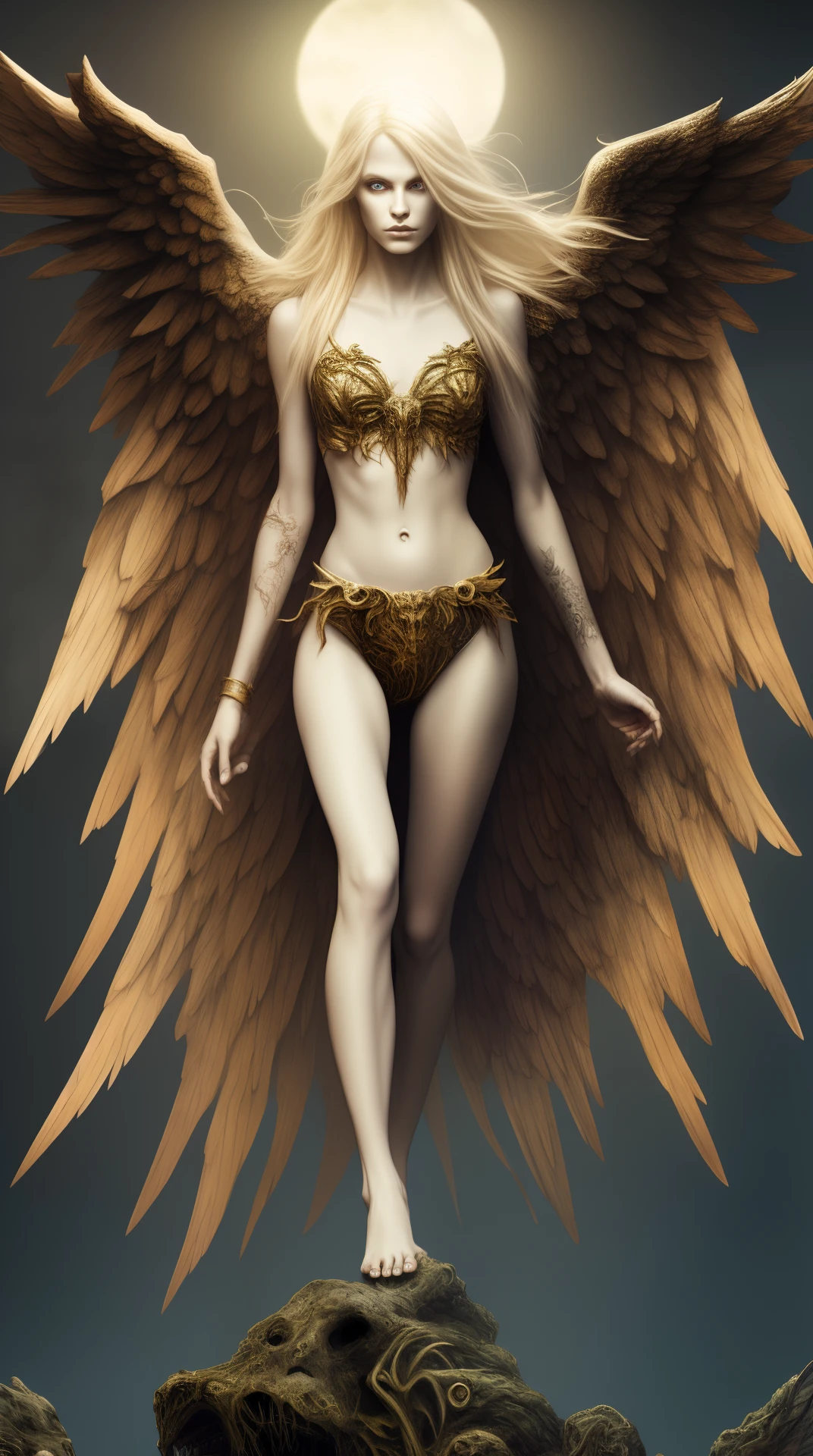 Beautiful fallen angel, full body shot, bare feet, long blond hair, skin detail, wearing bikini, dark, horror, masterpiece, best quality, intricate detail, ridiculous, scary, chromatic aberration, depth of field, soft light, tone mapping , very detailed, concept art, smooth, sharp focus, dramatic lighting, highly detailed artwork, film, 8K, stunning incredible shadows, (very detailed background: 1.0)