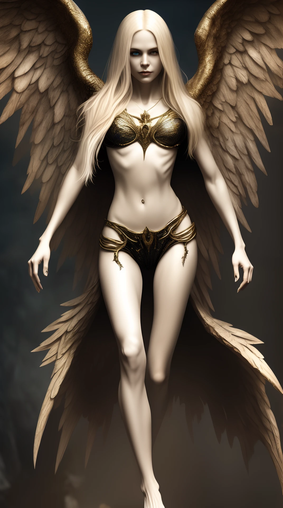 Beautiful fallen angel, full body, seductive smile, big breasts, smooth skin, veins, bare feet, long blonde hair, big breasts, skin details, wearing bikini, dark, horror, masterpiece, best quality, complex detail, ridiculous, scary, chromatic aberration, depth of field, soft light, tone mapping, highly detailed, concept art, smooth, sharp focus, dramatic lighting, highly detailed artwork, film, 8K, stunning confidence shadows, (very detailed background: 1.0)