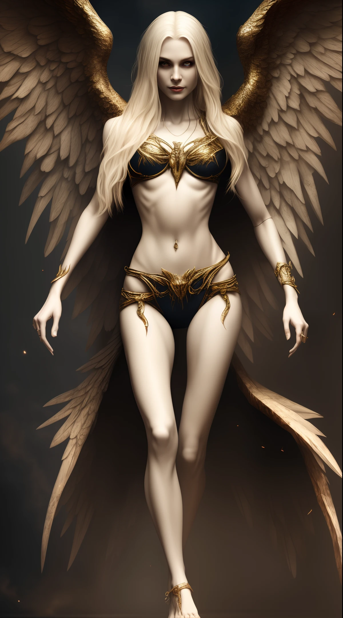 Beautiful fallen angel, full body, seductive smile, big breasts, smooth skin, veins, bare feet, long blonde hair, big breasts, busty body, sensual, wearing bikini, dark, horror, masterpiece, best quality, complex detail, ridiculous, scary, chromatic aberration, depth of field, soft light, tone mapping, highly detailed, concept art, smooth, sharp focus, dramatic lighting, very detailed artwork, cinematic, 8K, amazing confidence shadows, ( Very detailed background: 1.0)