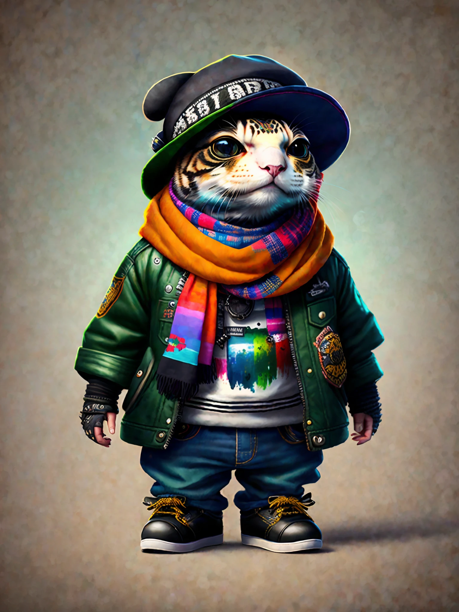 a painting of a turtle wearing a hat and scarf, trend in art station, dressed in punk clothing, hyper realistic detailed render, british gang member, urban style, intimidating pose, planet of the cats, trendy clothes, urban samurai, meow, west slav features, 8 1 5
