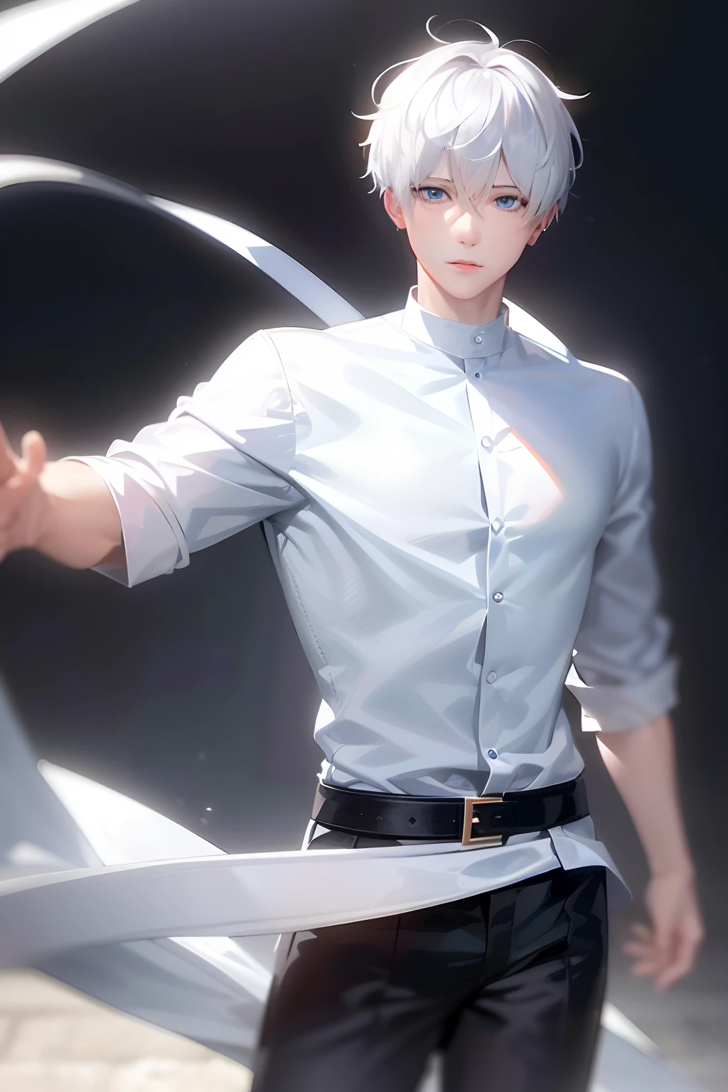 "An exquisitely detailed and beautifully rendered CG artwork featuring the epic, blue-eyed protagonist Gojou Satoru gazing directly at the viewer while Choppy waters behind, wearing Loose neckline white short sleeve, styled with a captivating hairdo, accentuated with bangs and hair between eyes, highlighting his distinctive and stylish white and short hair. This dynamic composition expertly showcases his strong male focus, with an emphasis on his upper body, in a manner that captivates and intrigues viewers."