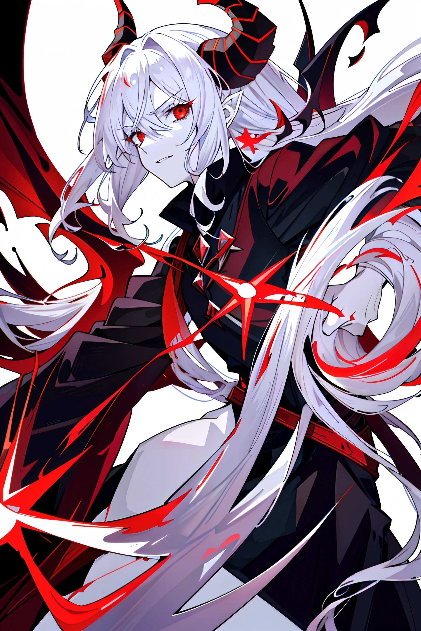 Prompt:
(demonic horns, demonic tail, white hair, red eyes, pale skin, demonic wings),(young man), (ruby staff:1.3, casting a spell), vivid red colors, dark atmosphere.