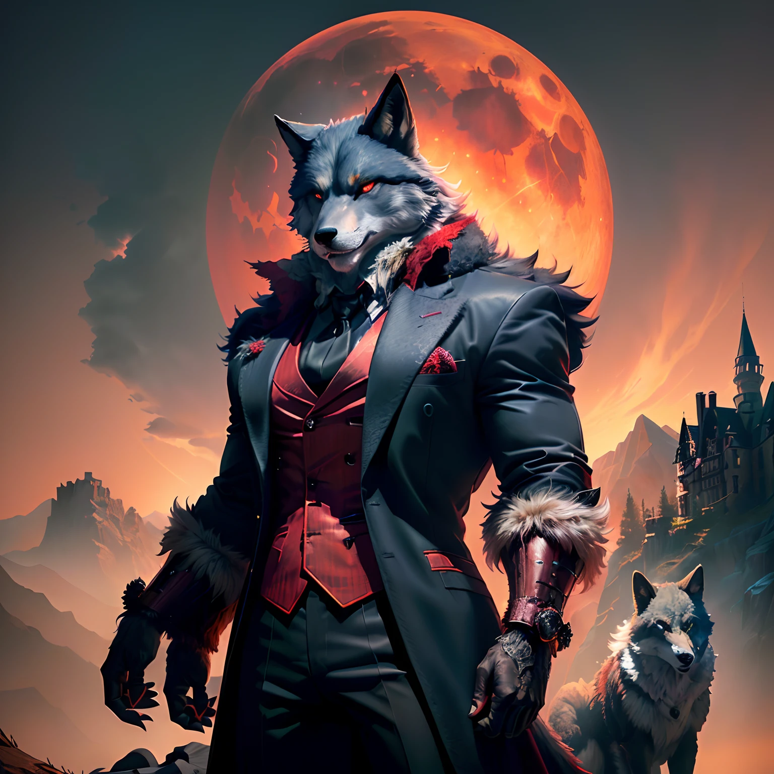 muscular white and black fur humanoid fox in tuxedo and have a cane with different eye color and red light glint in the eye