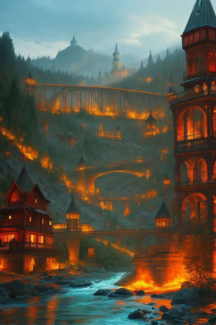 terem of Koshchei The Immortal in Old Russian style, skeleton in chains, fiery river and red-hot iron bridge, dark fantasy